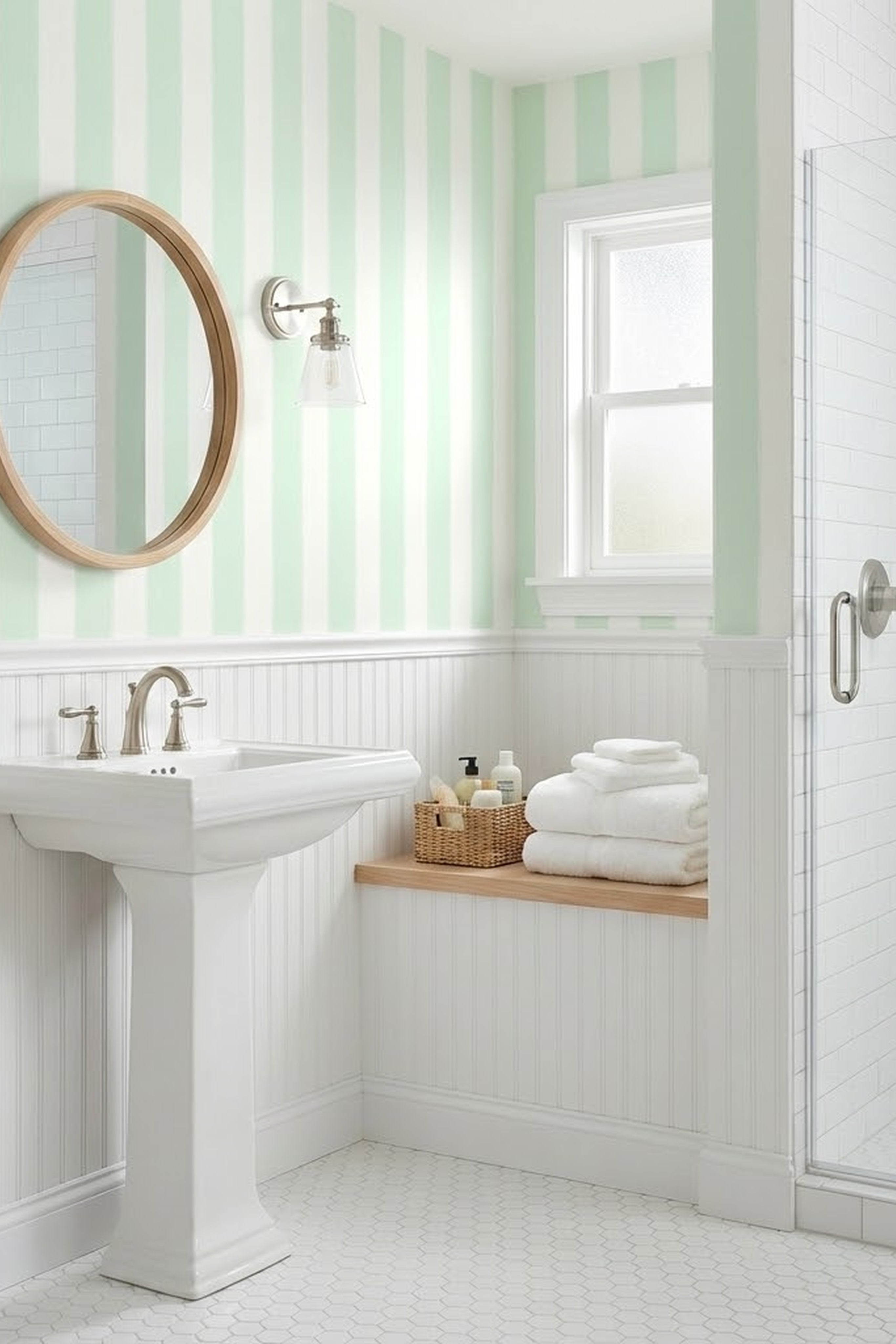 Mint Scallop wallpaper shown in a bathroom