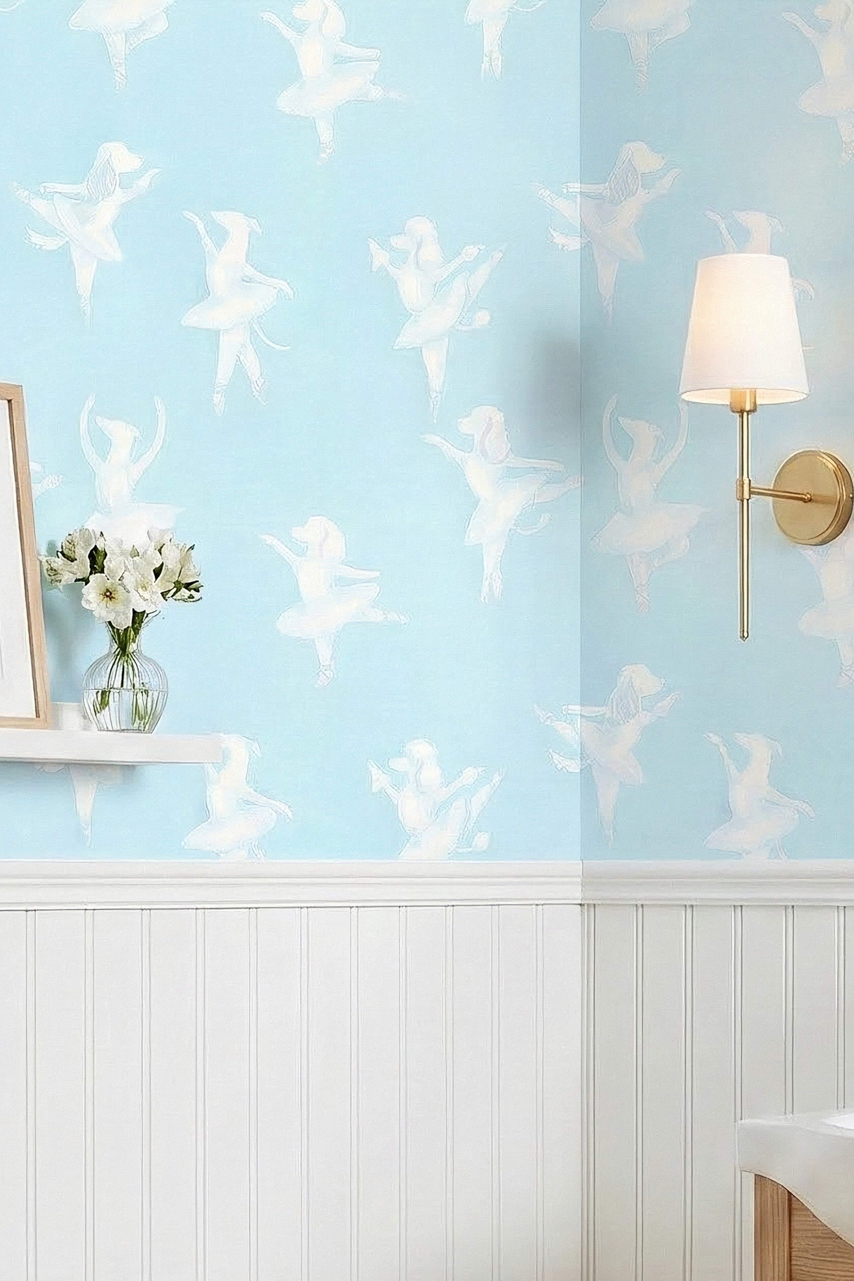 Aqua Pirouette wallpaper shown in a powder room