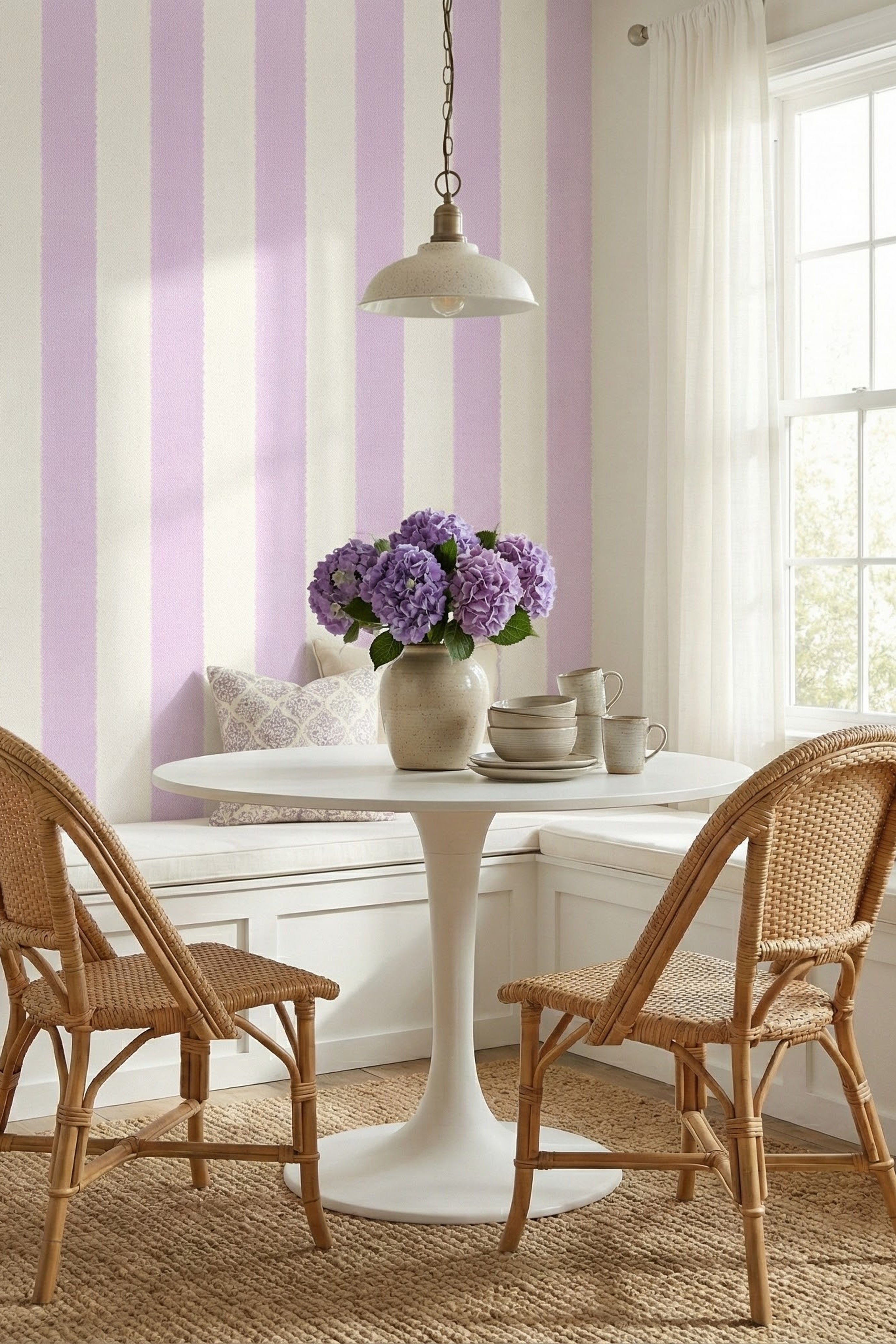 Lavender Scallop wallpaper shown in a cozy nook