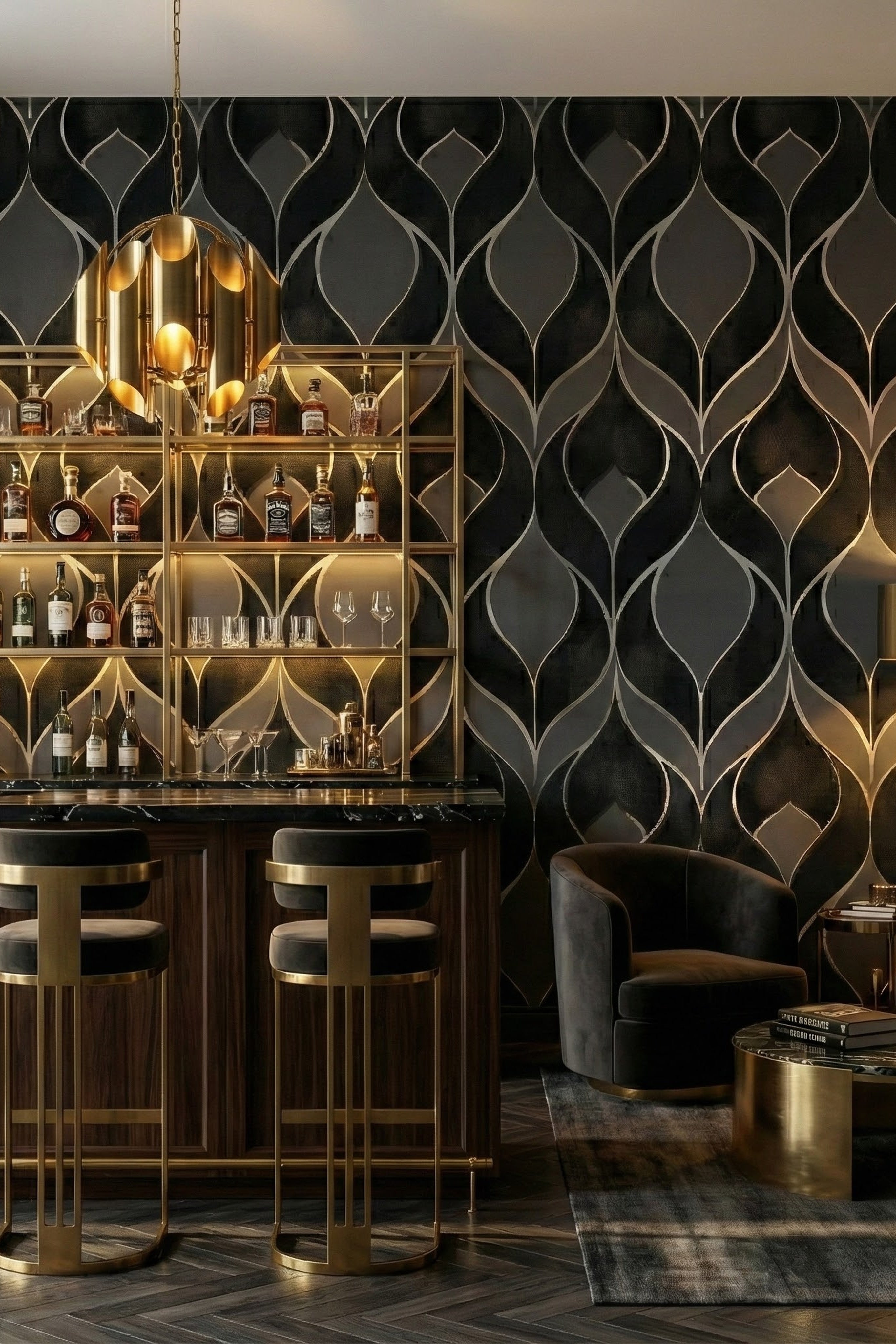 Silver Screen wallpaper shown in a home bar
