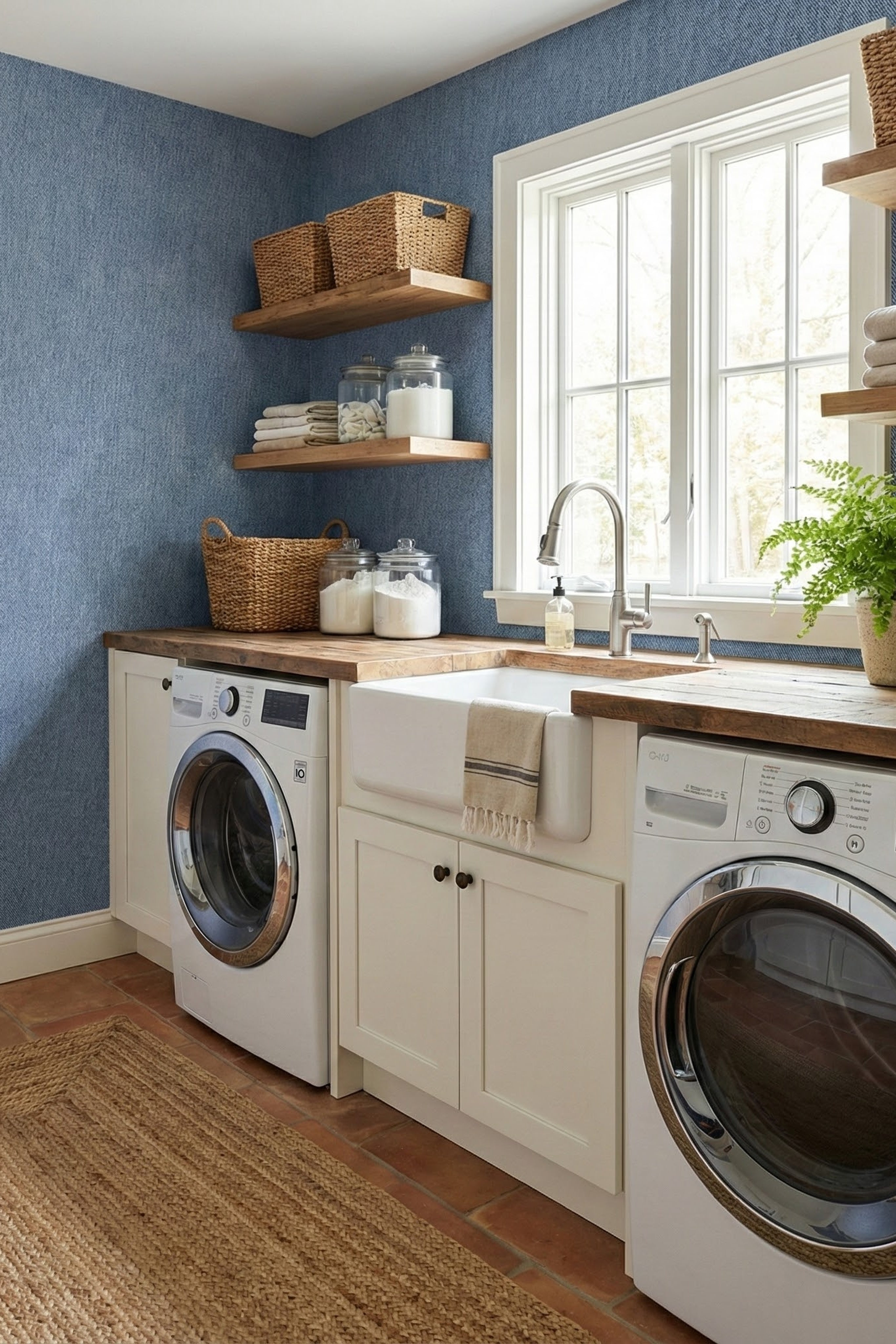 Denim Days wallpaper shown in a laundry room