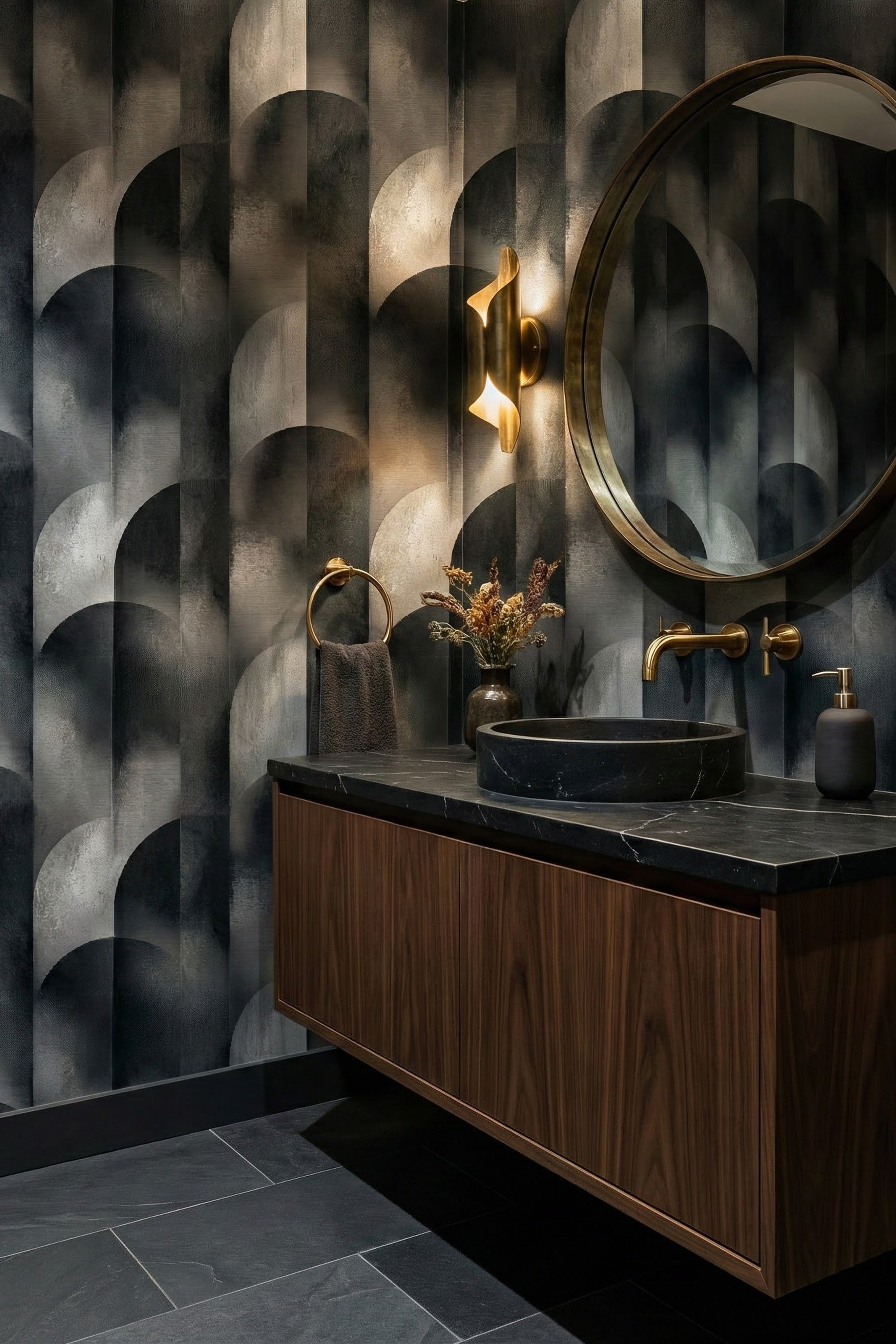 Silver Arch wallpaper shown in a powder room