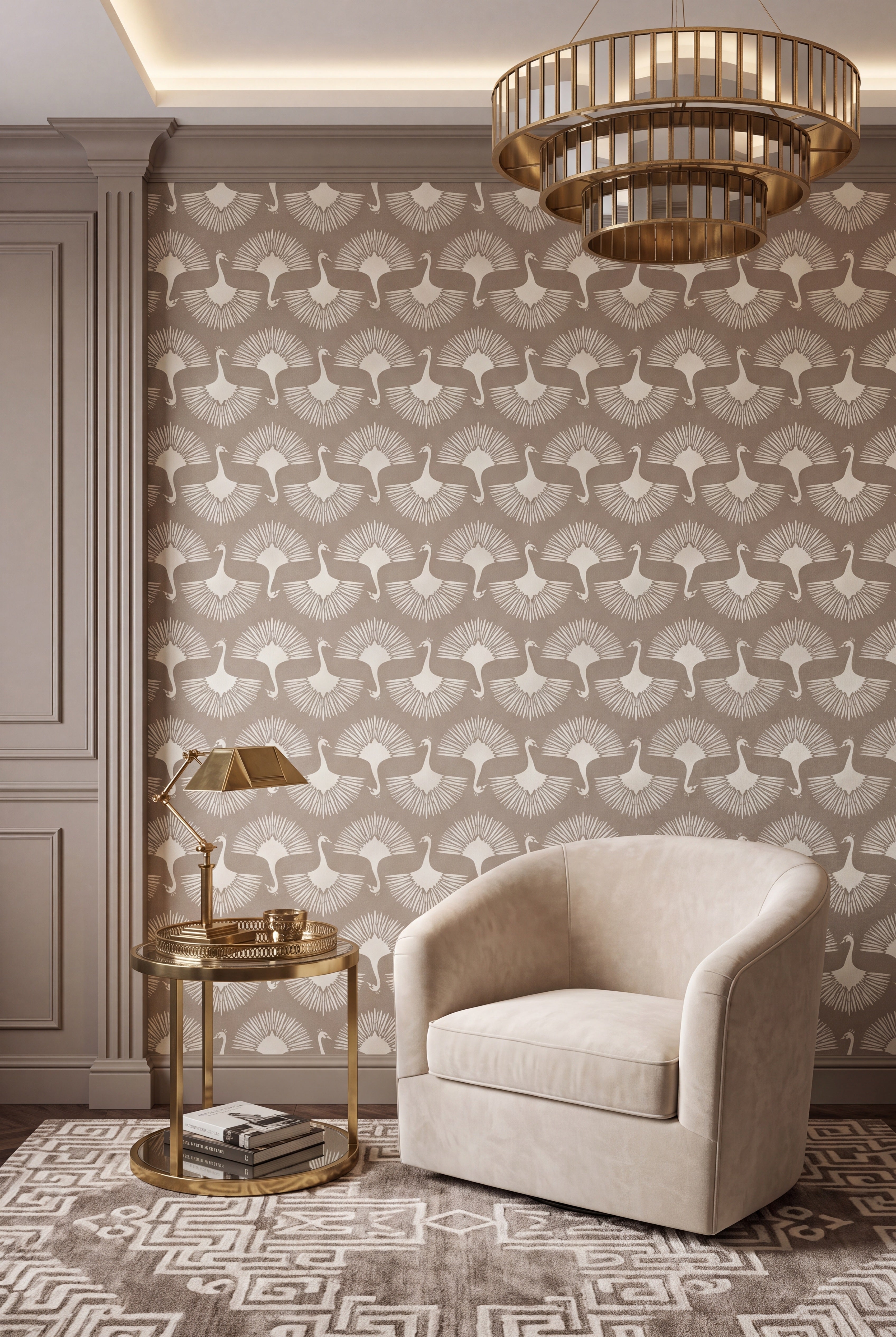 Peacock Promenade wallpaper shown in a living room