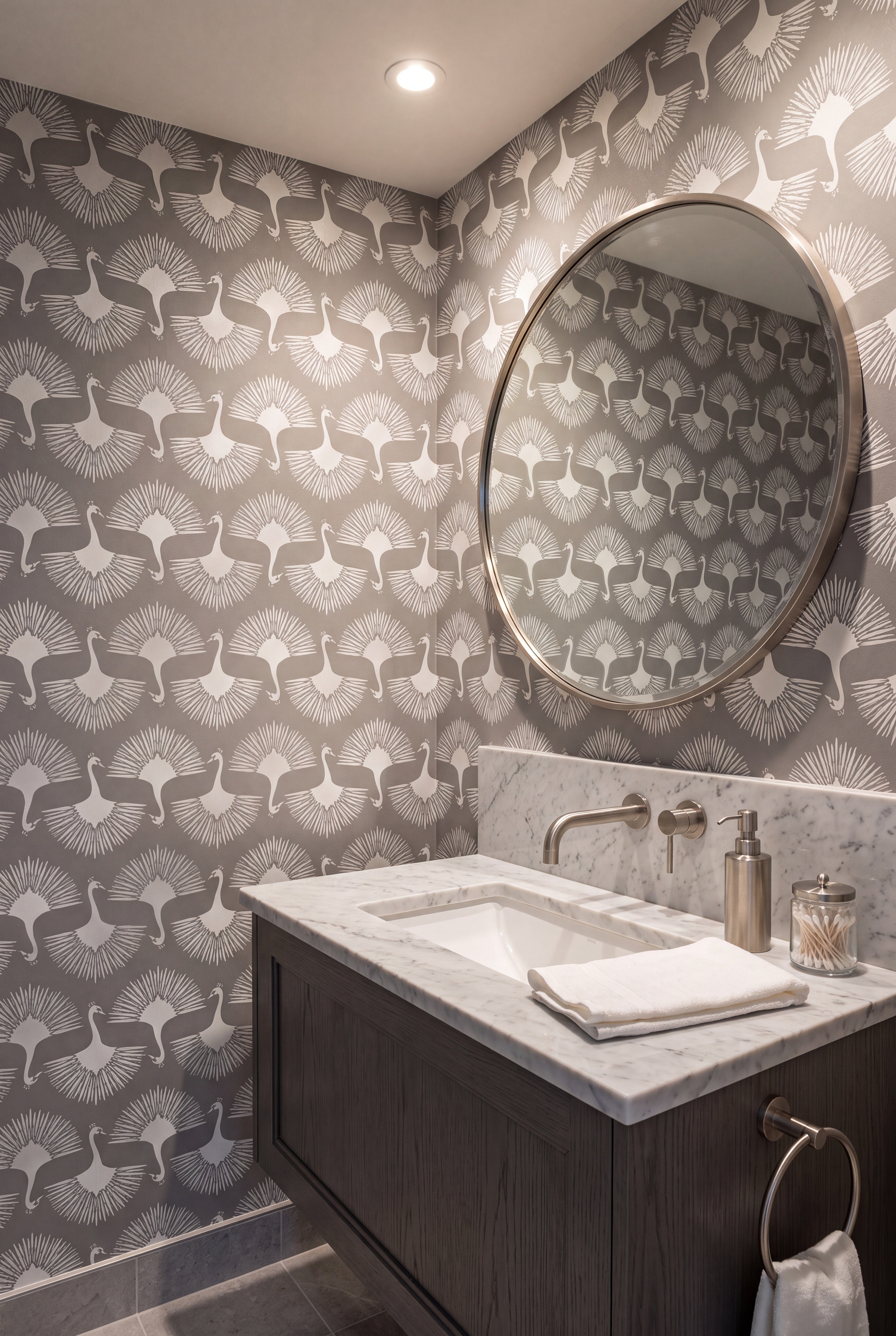 Swan Soirée wallpaper shown in a powder room