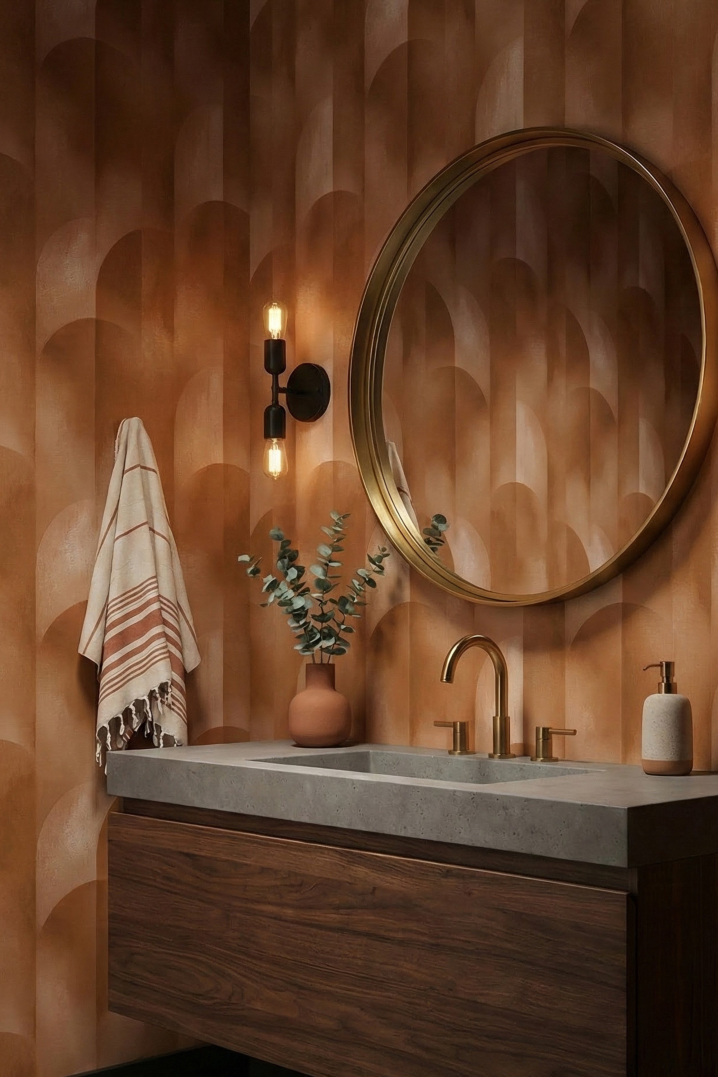 Terra Arch wallpaper shown in a powder room