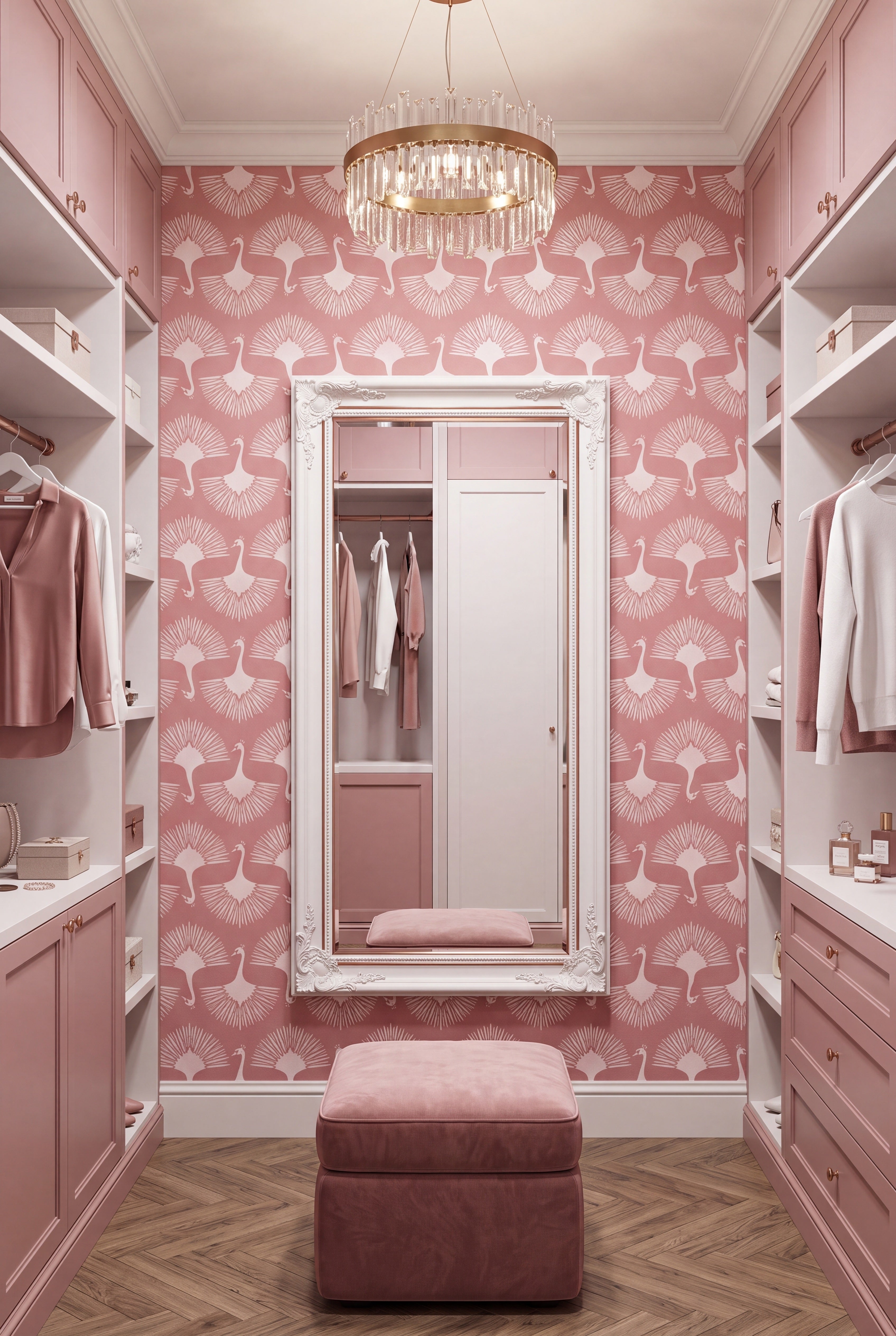 Blush Swan wallpaper shown in a closet