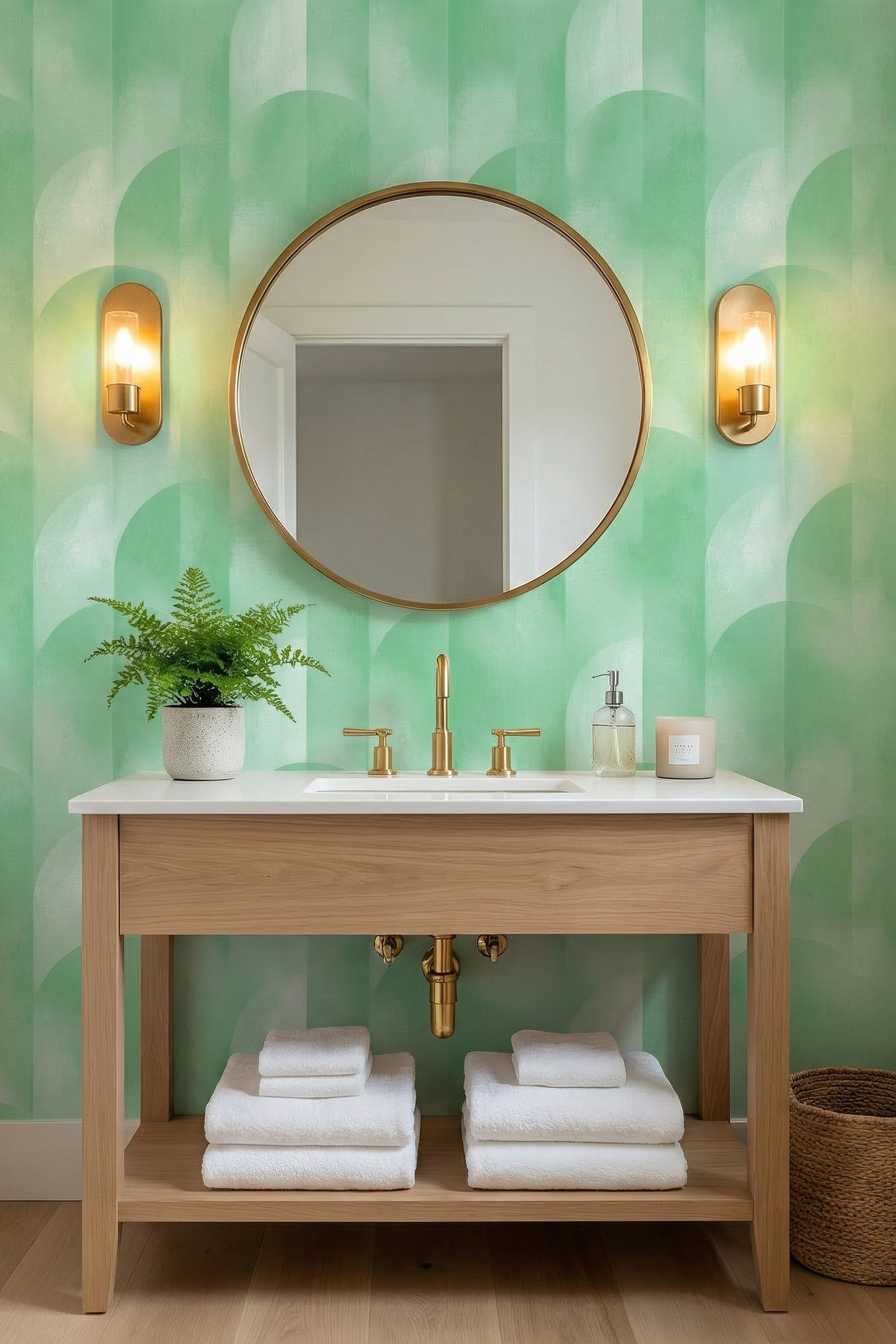 Mint Arcade wallpaper shown in a powder room