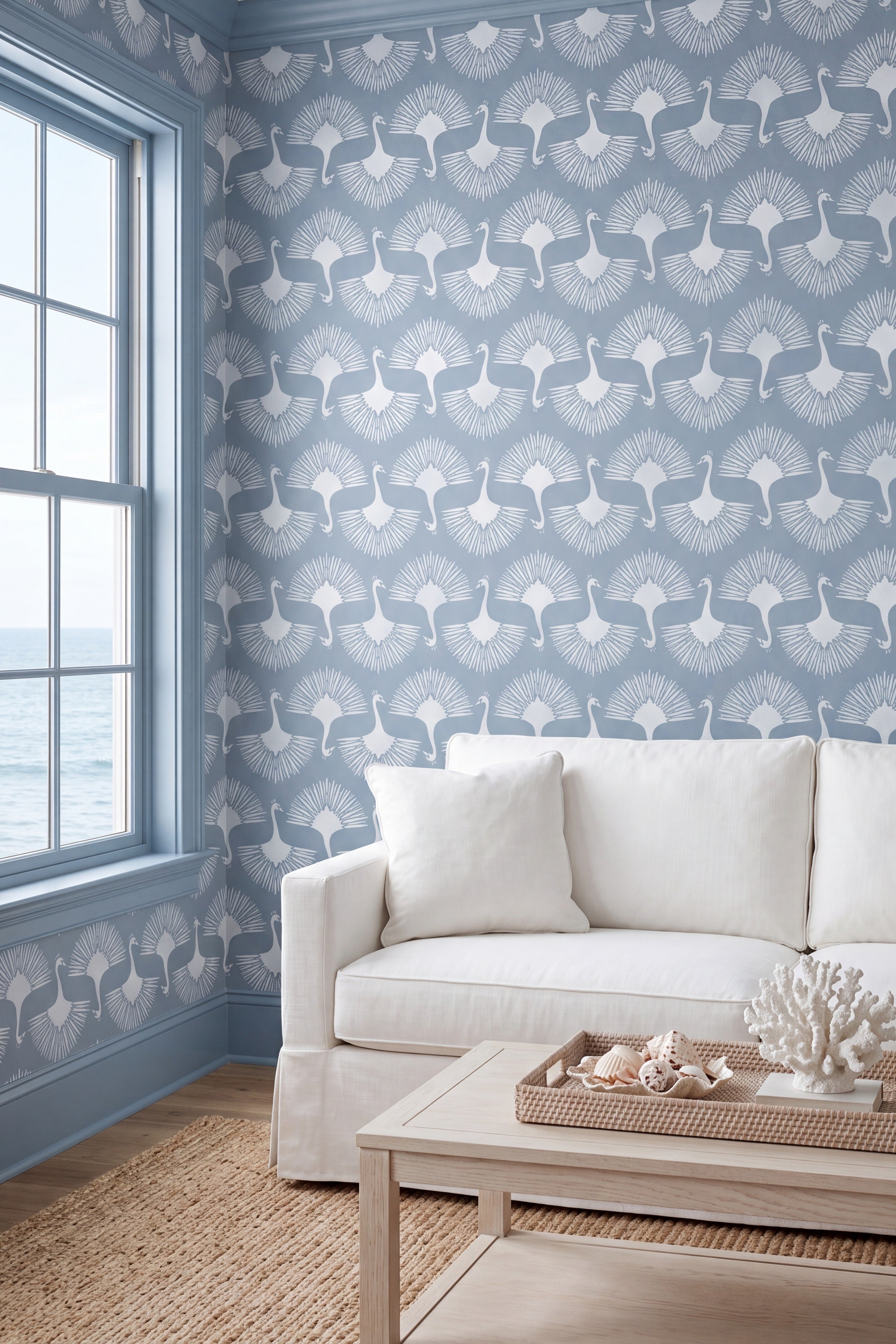 Powder Plume wallpaper shown in a living room
