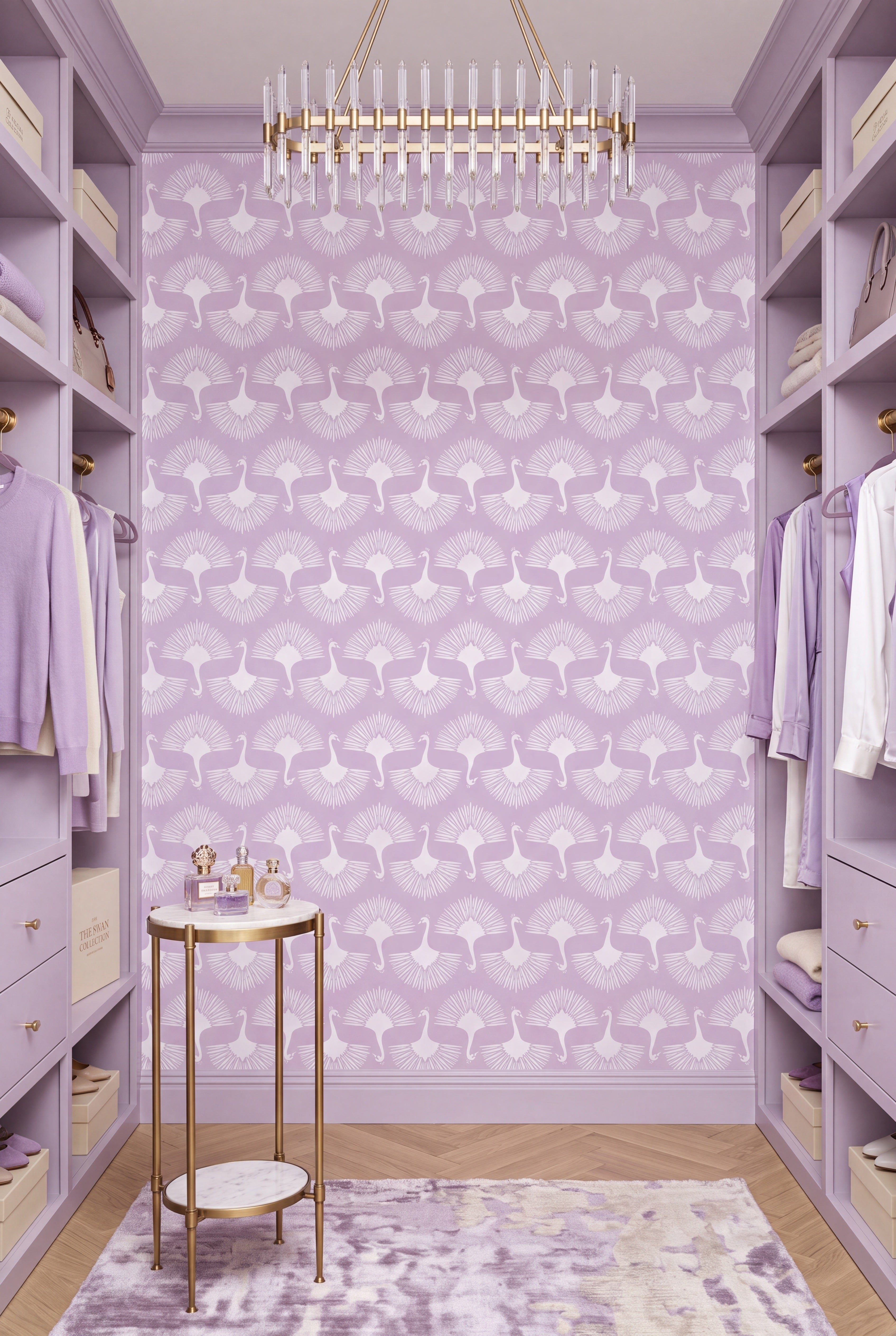 Lilac Plume wallpaper shown in a closet