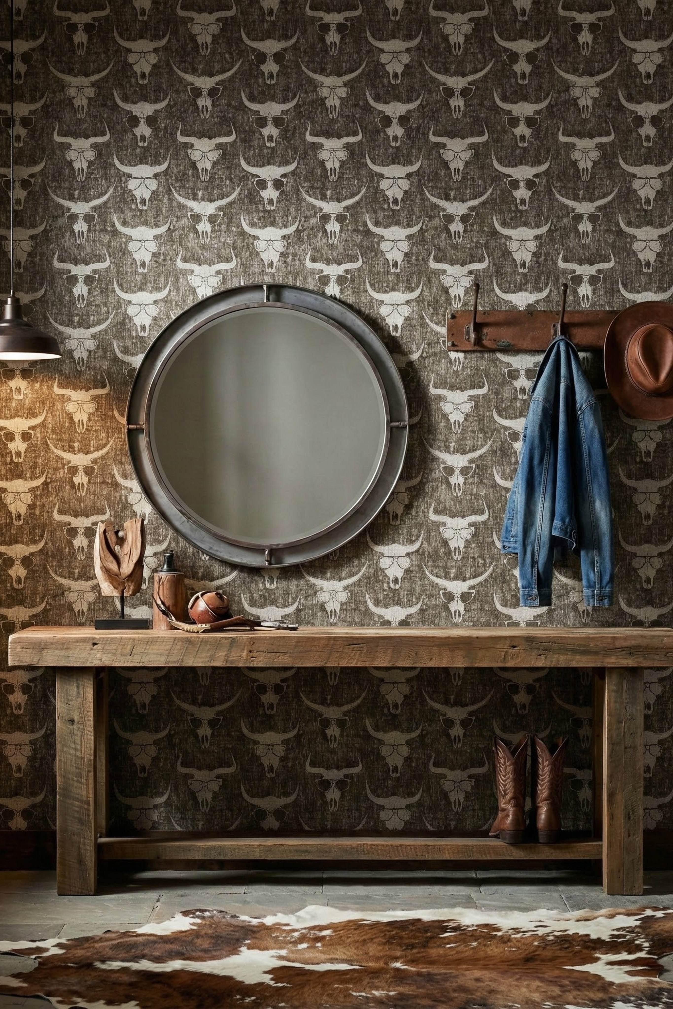 Shady Longhorn wallpaper shown in an entryway