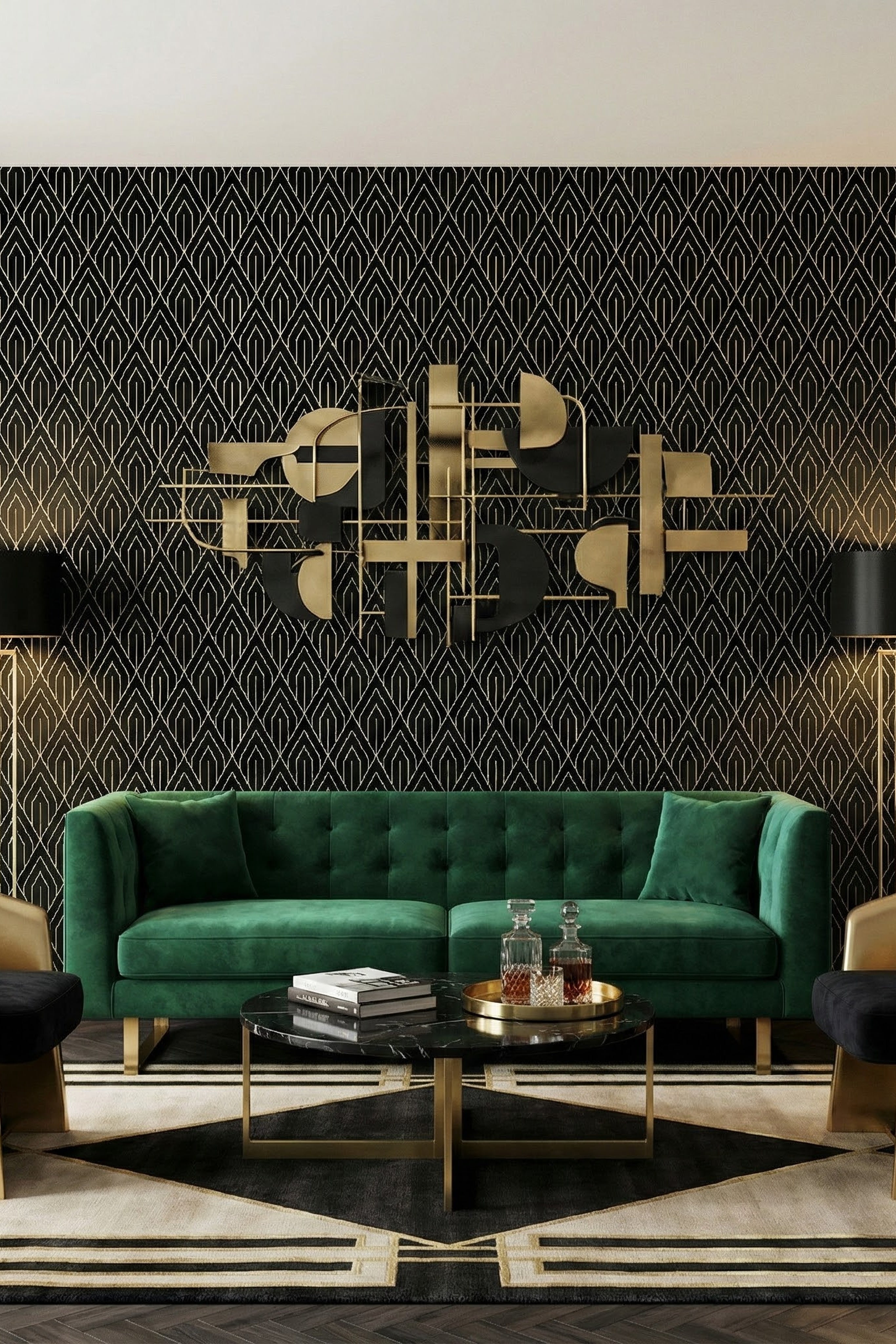 Black Tie Deco wallpaper shown in a living room