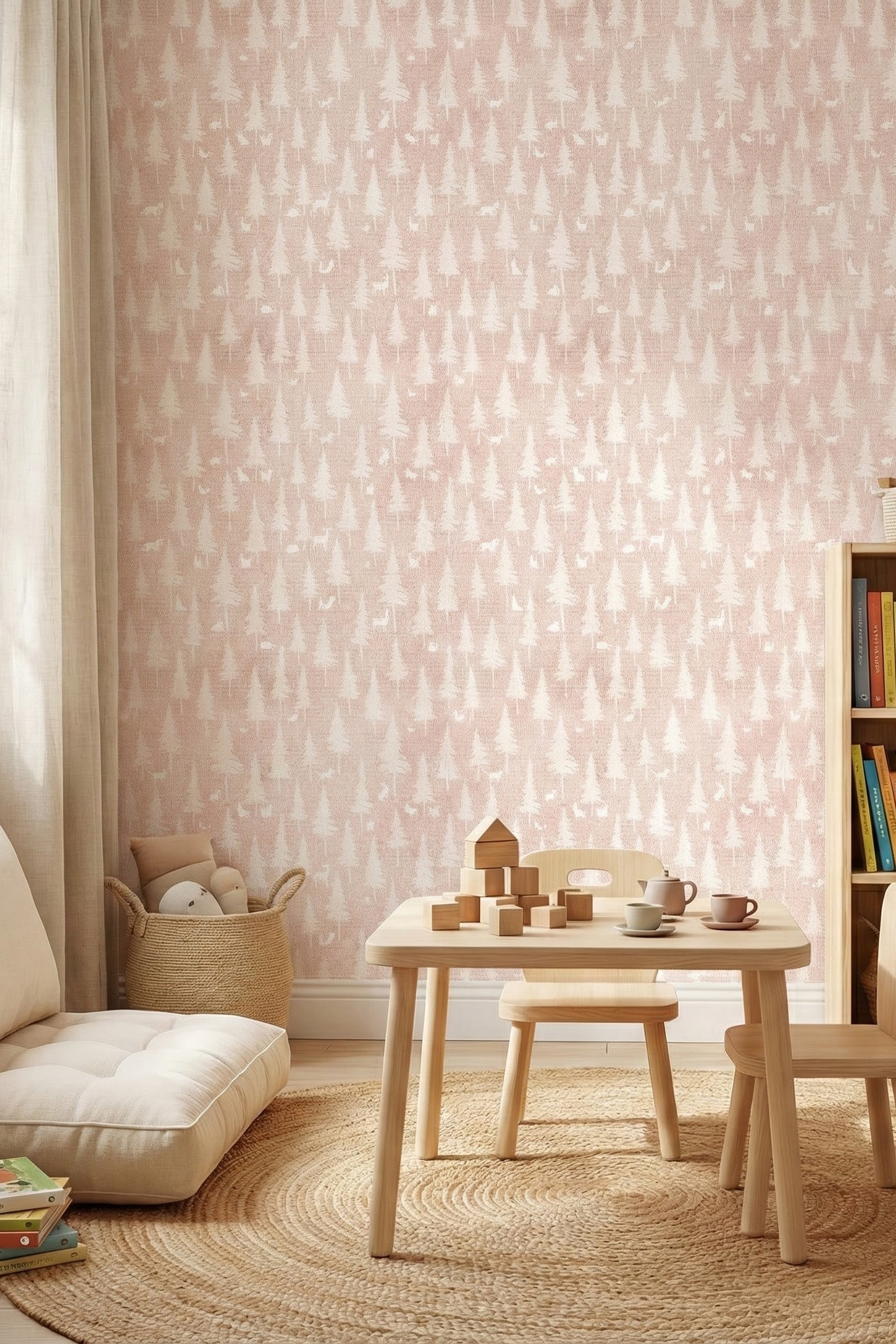 Blush Woodland wallpaper shown in a playroom