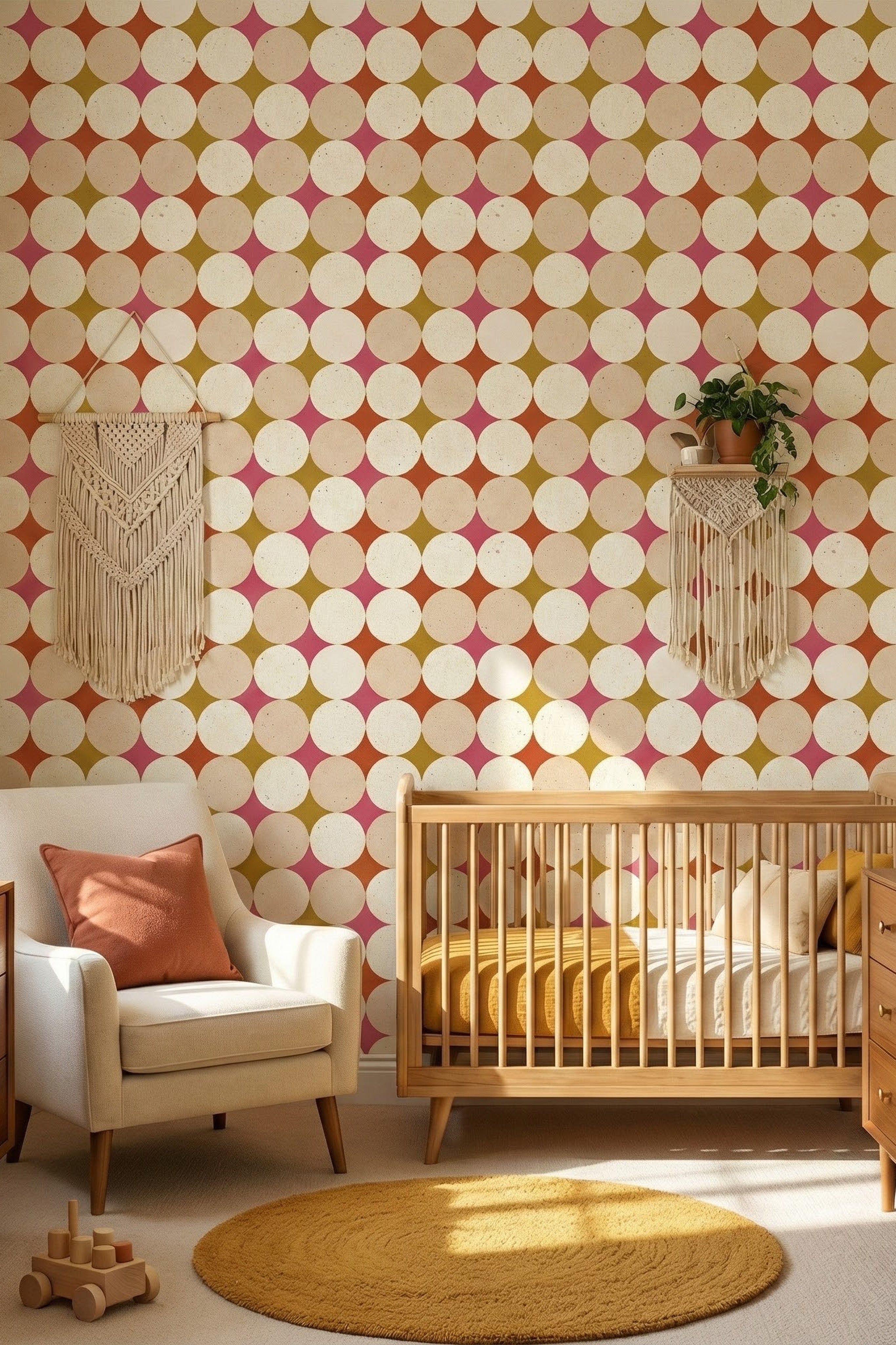 Circle Back wallpaper shown in a nursery