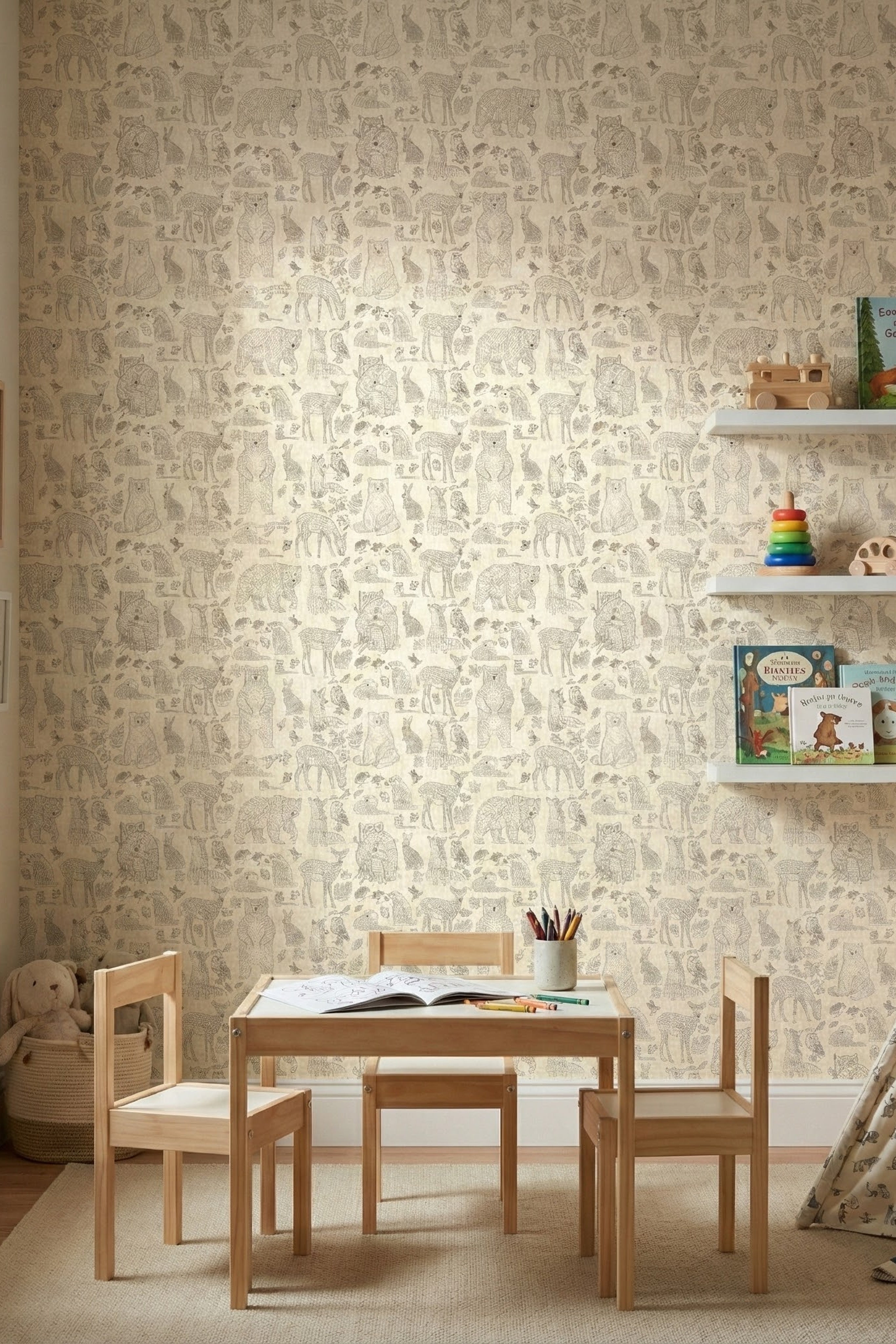 Forest Friends wallpaper shown in a playroom
