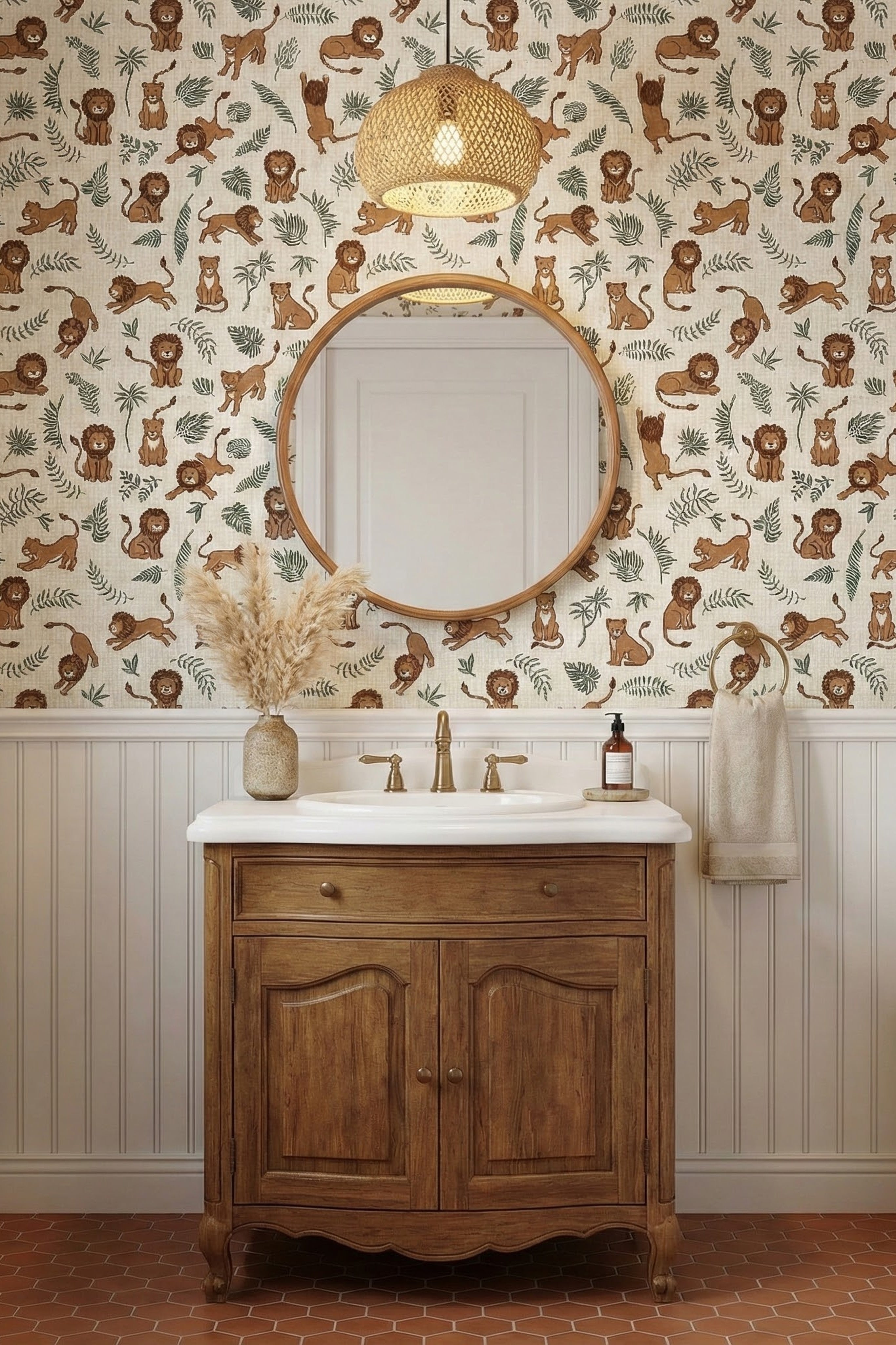 Lion Around wallpaper shown in a powder room