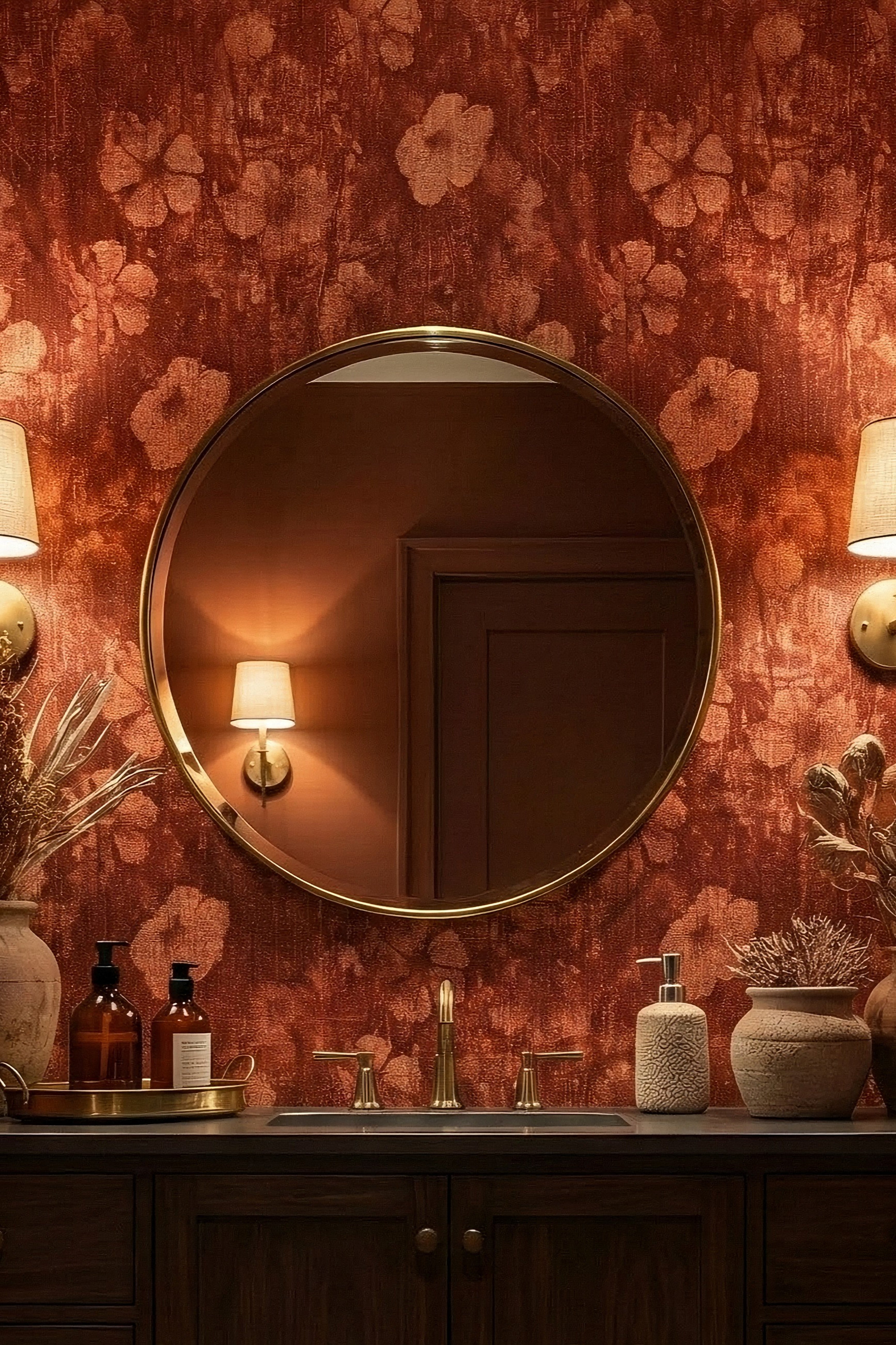 Rust Bloom wallpaper shown in a powder room