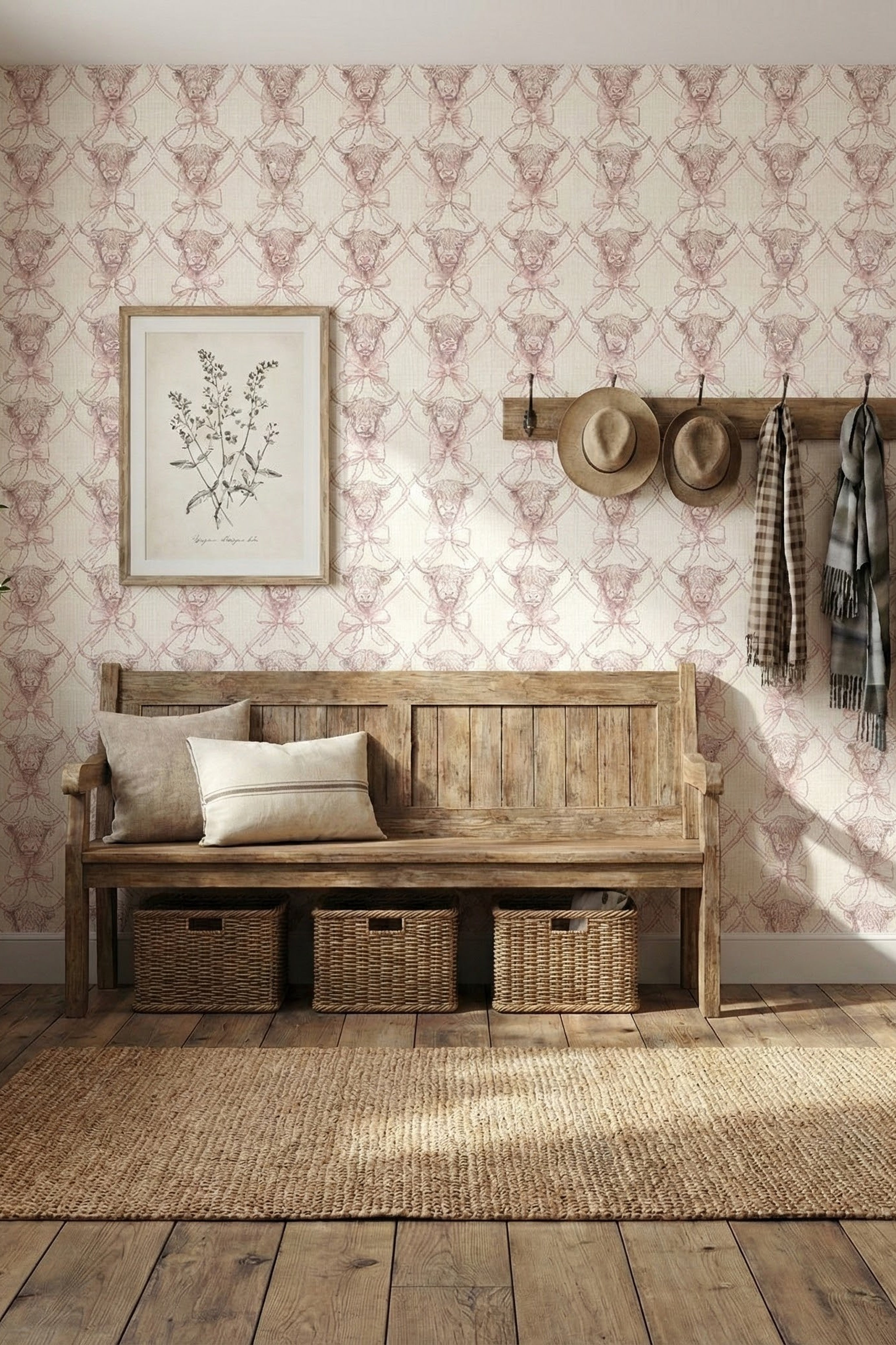 Highland Sweetheart wallpaper shown in a mudroom