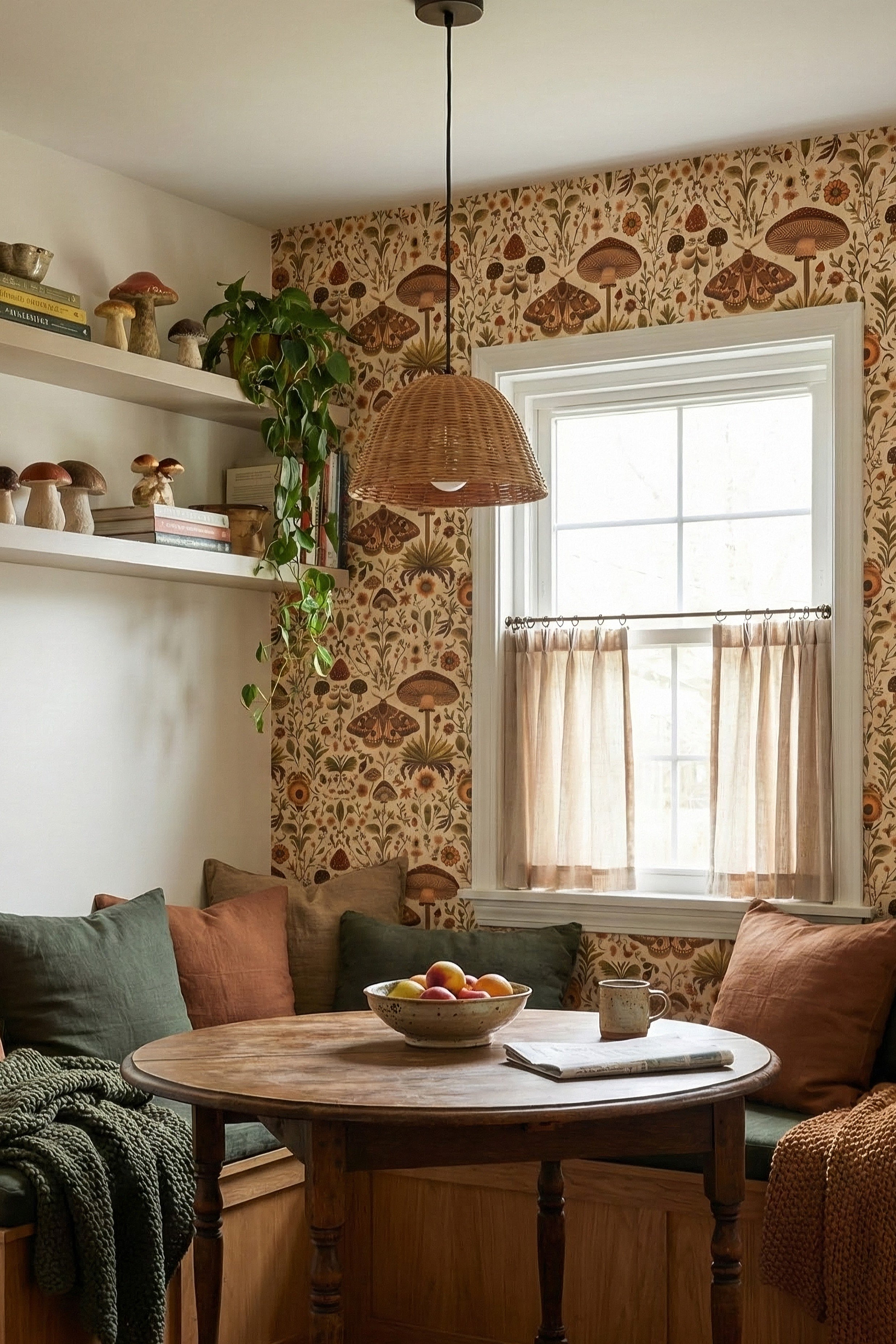 Moth & Mushroom wallpaper shown in a cozy nook