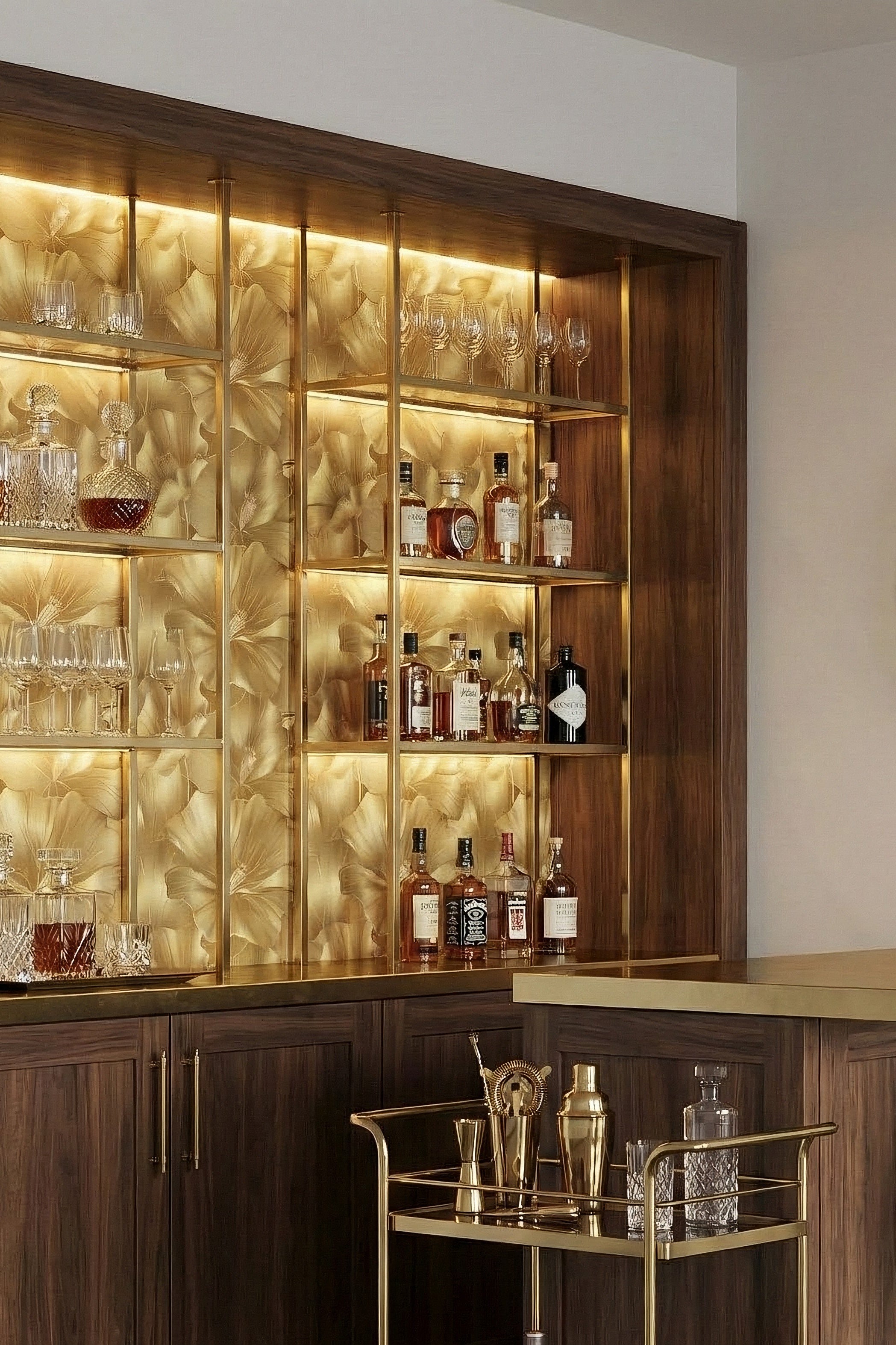 Gilded Bloom wallpaper shown in a home bar