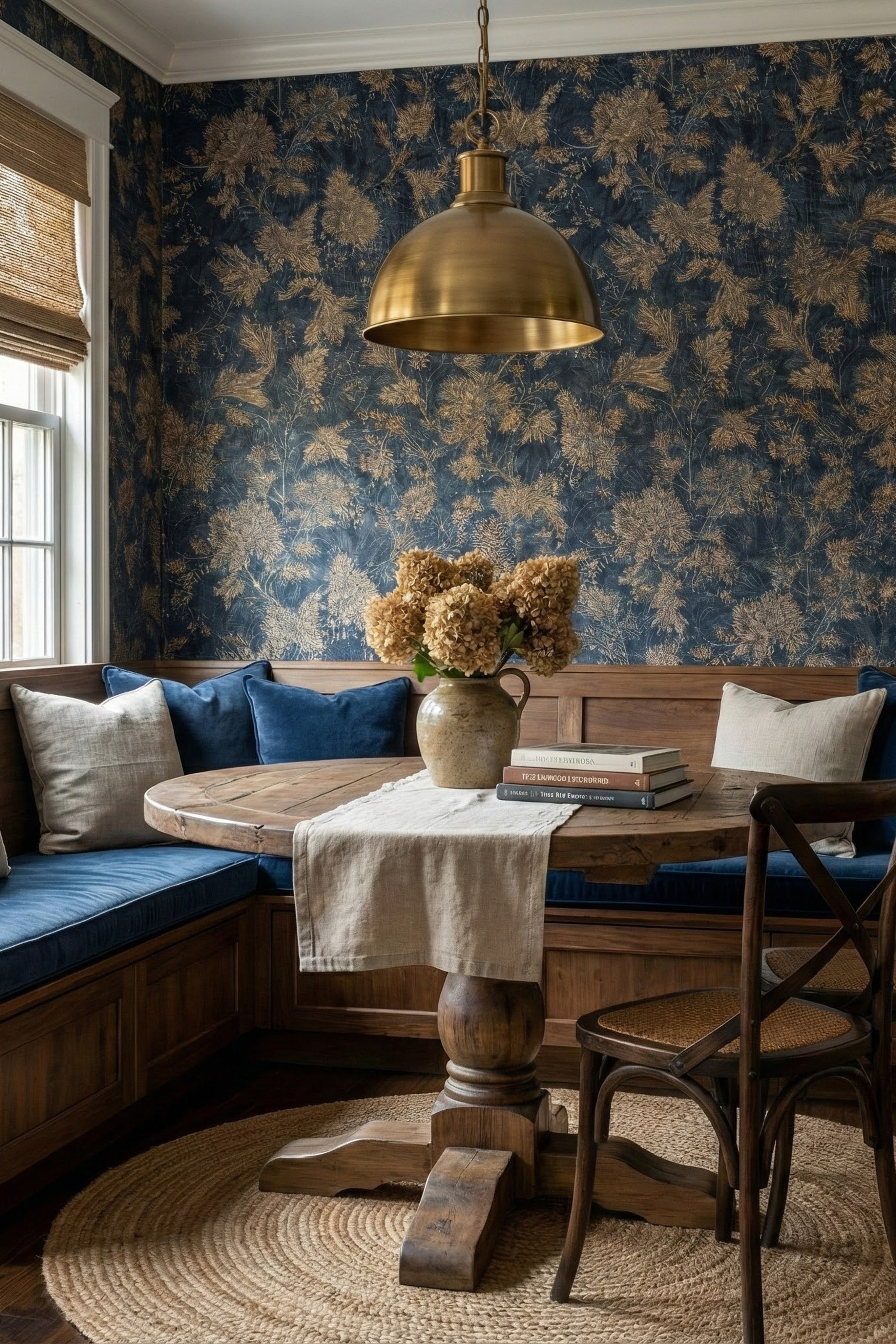 Midnight Posy wallpaper shown in a cozy nook