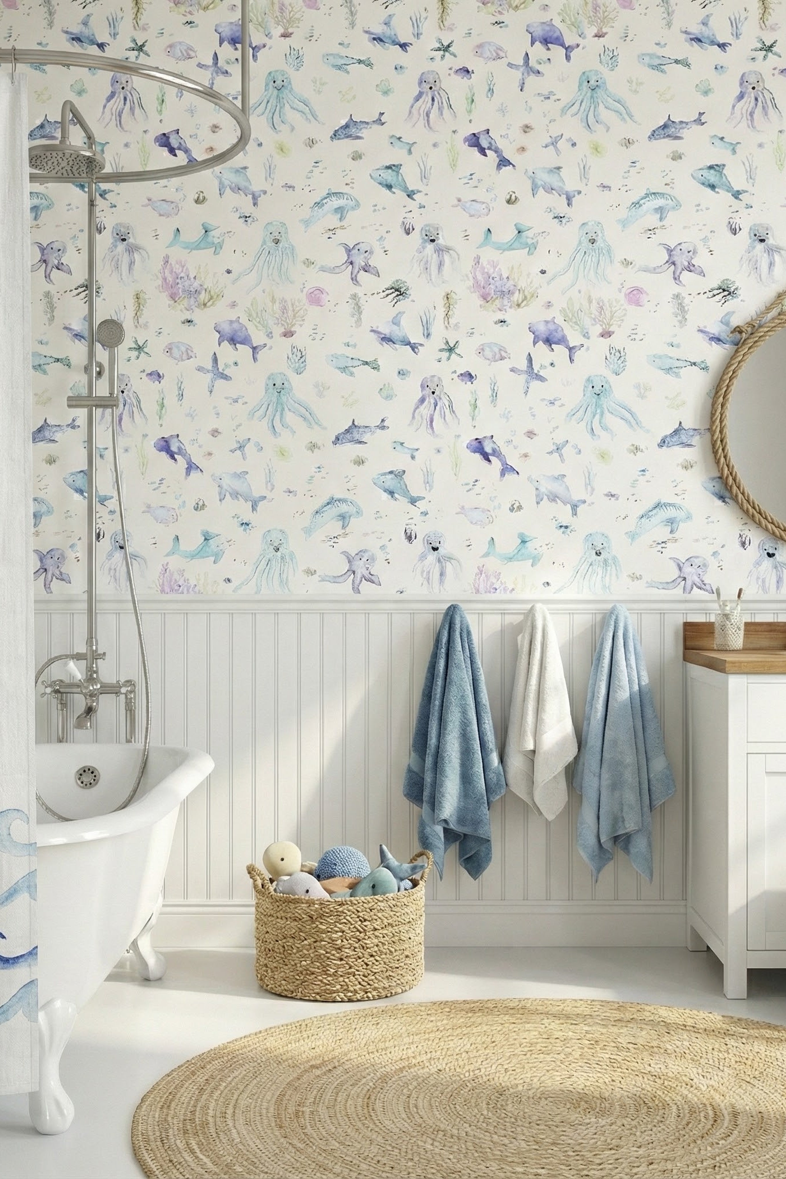 Deep Sea Play wallpaper shown in a bathroom