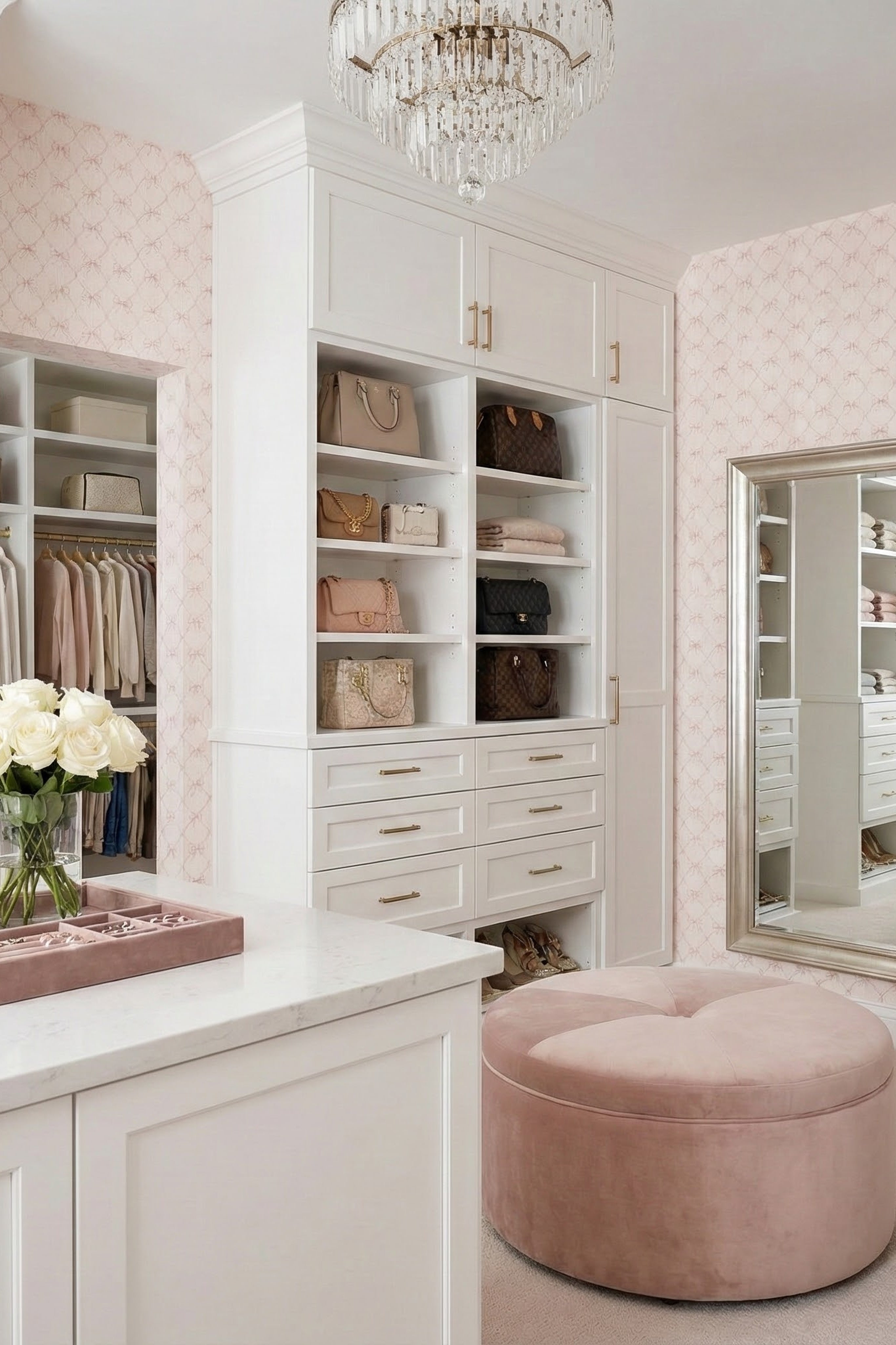 Blush Bow wallpaper shown in a dressing room