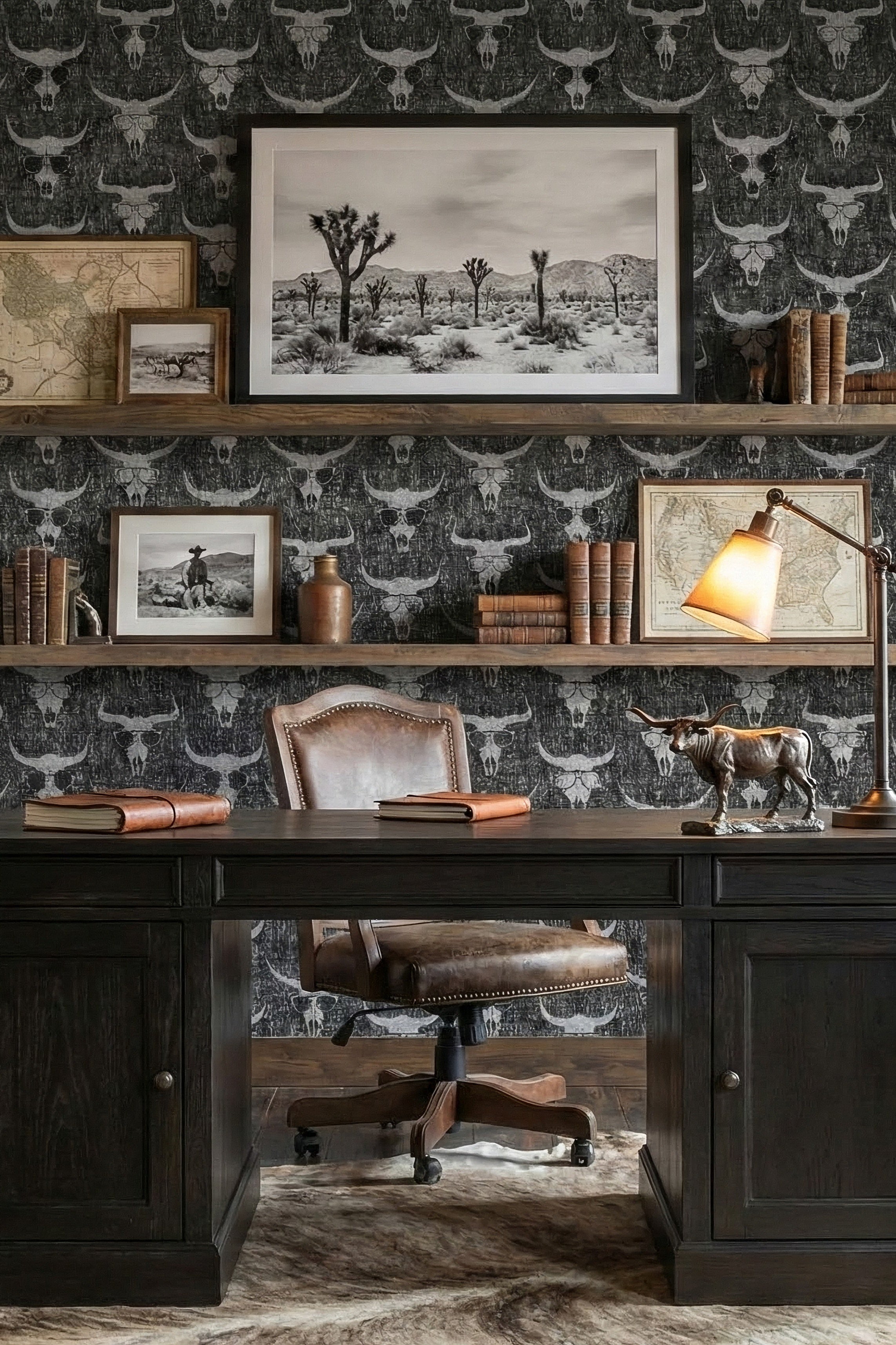 Longhorn Saloon wallpaper shown in a home office
