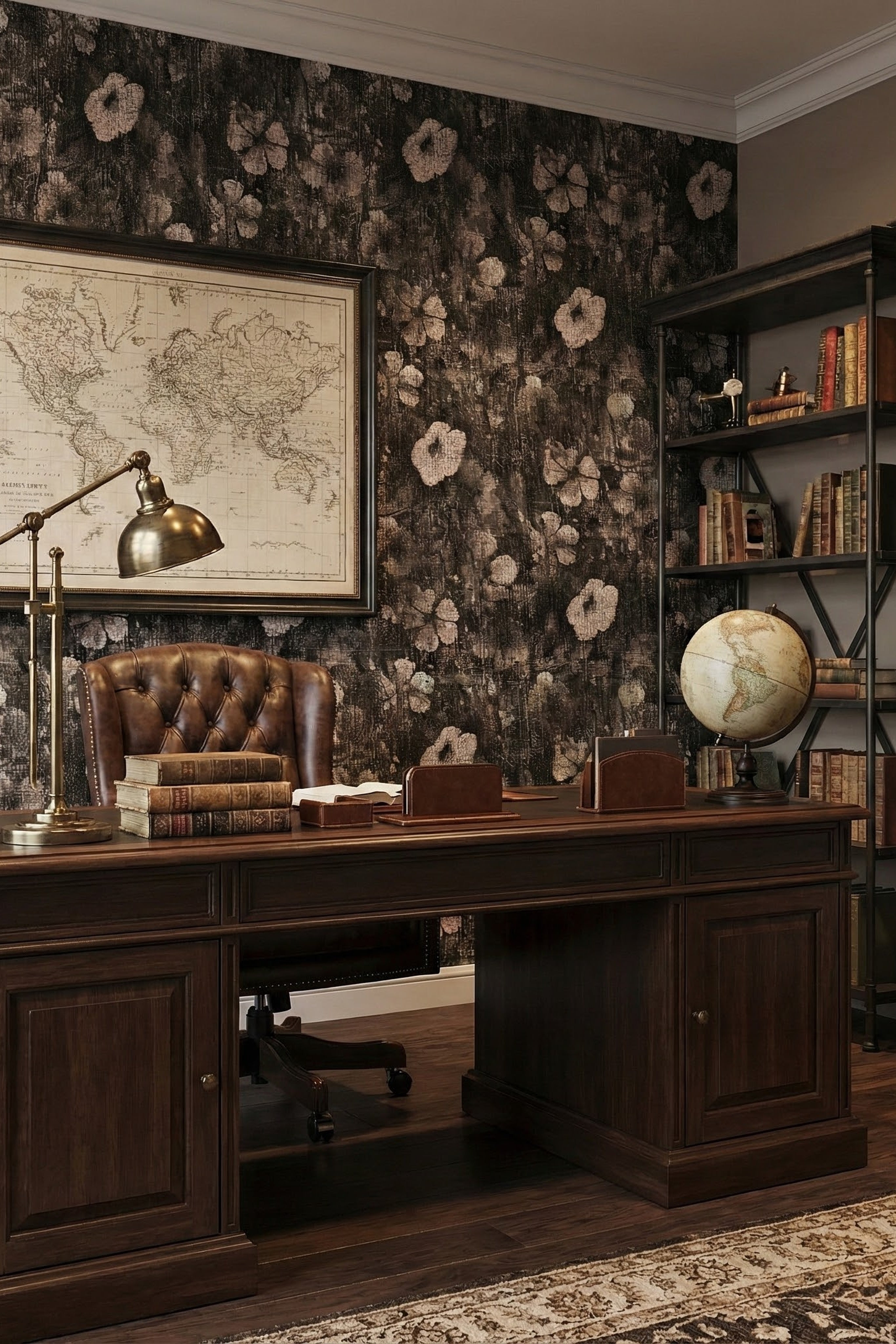 Denim Bloom wallpaper shown in a home office