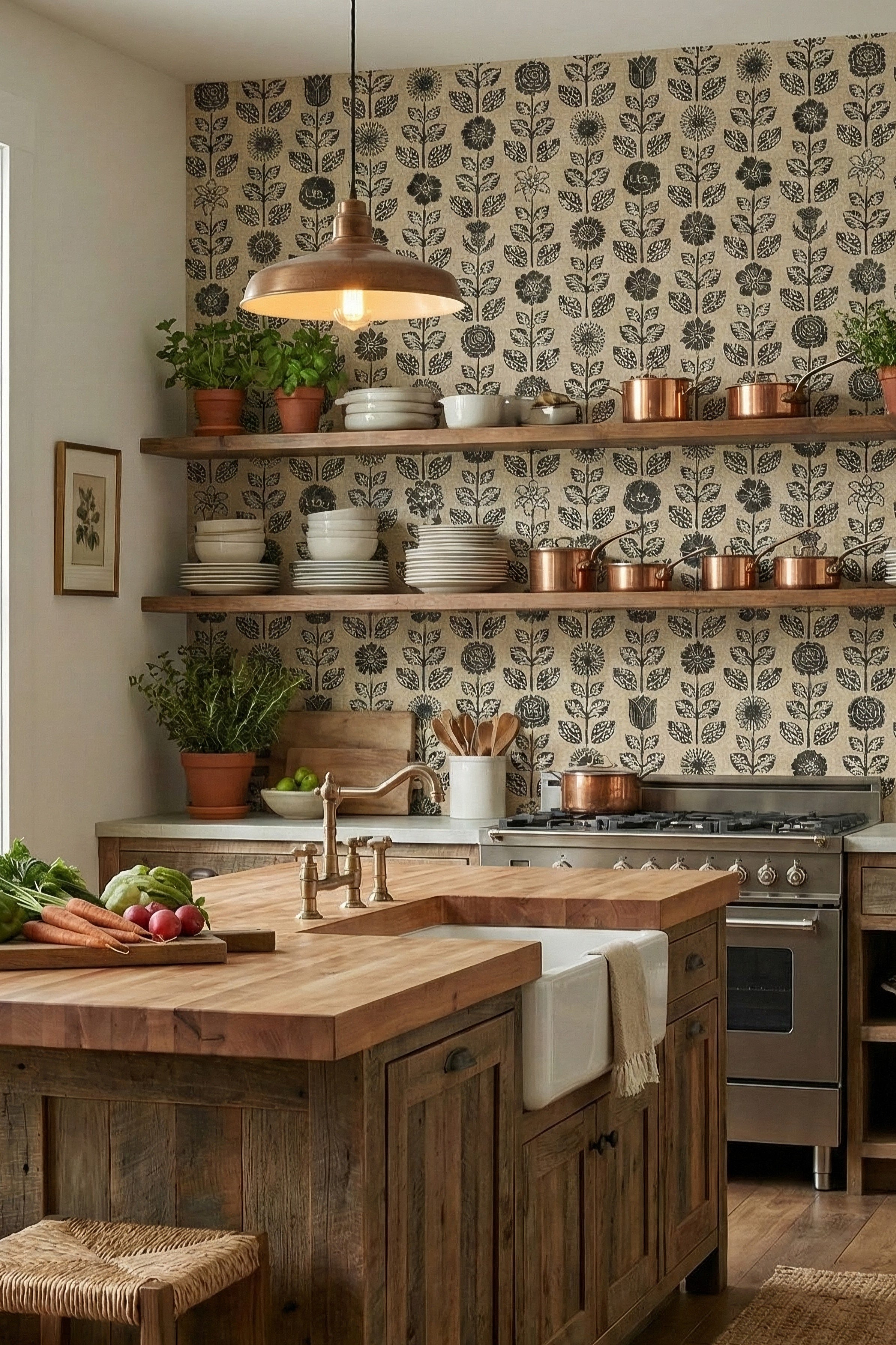 Farmhouse Folk wallpaper shown in a kitchen