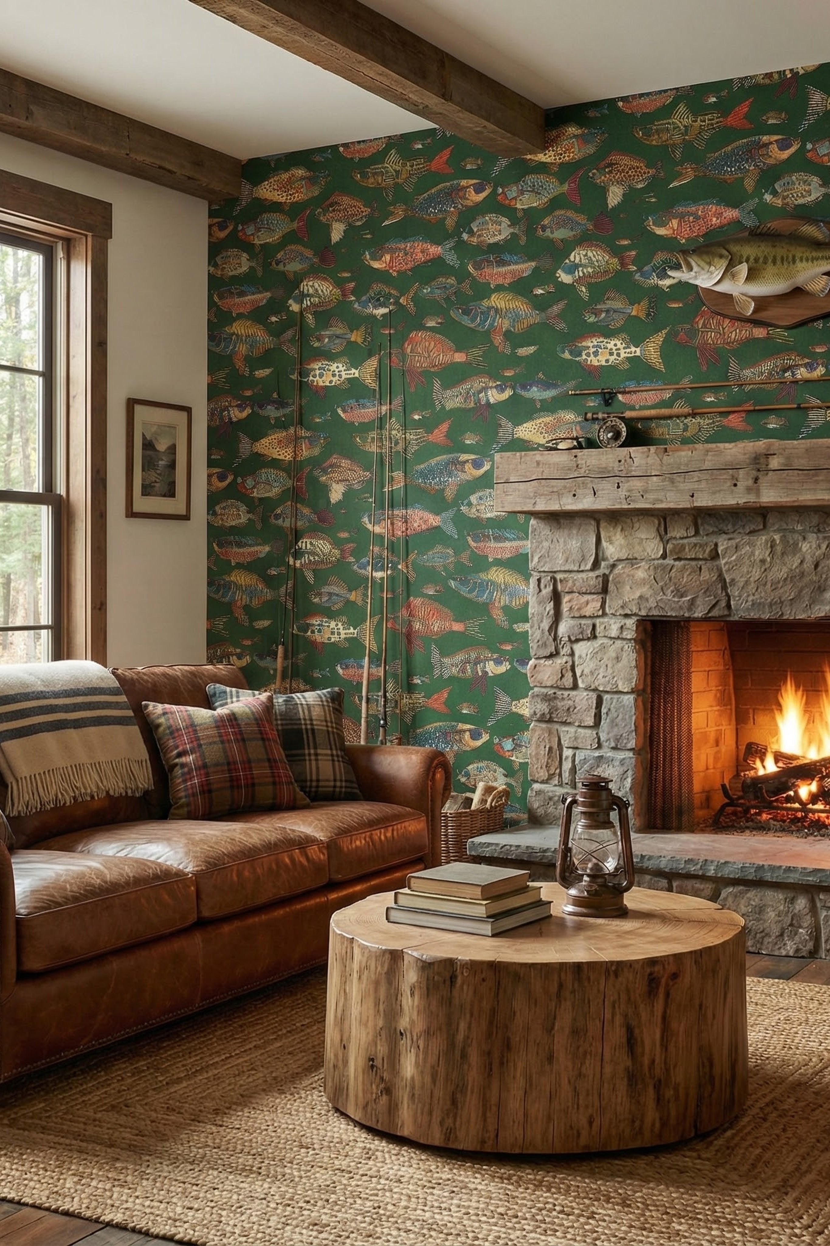Lake Life wallpaper shown in a living room