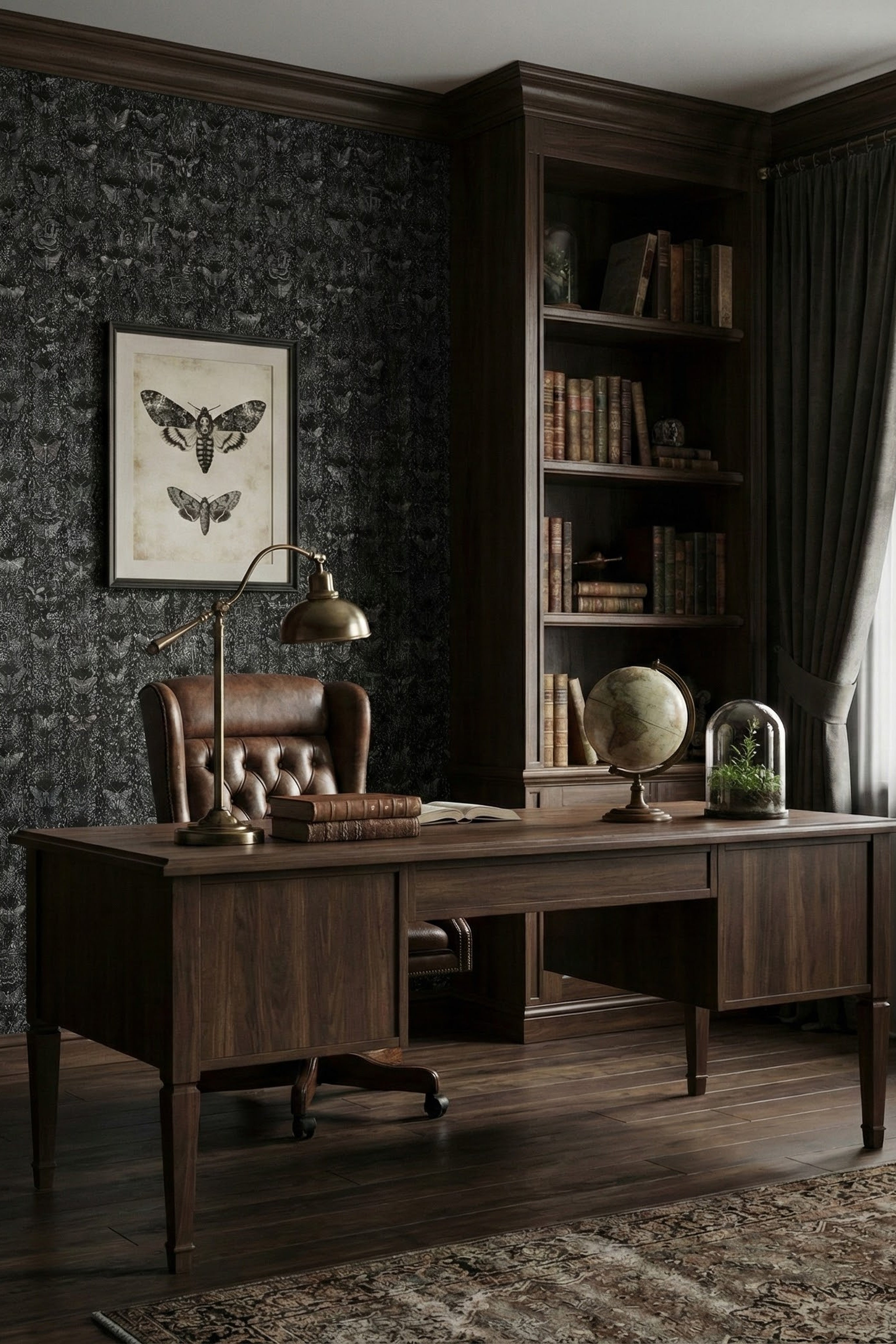 Midnight Academia wallpaper shown in a home office