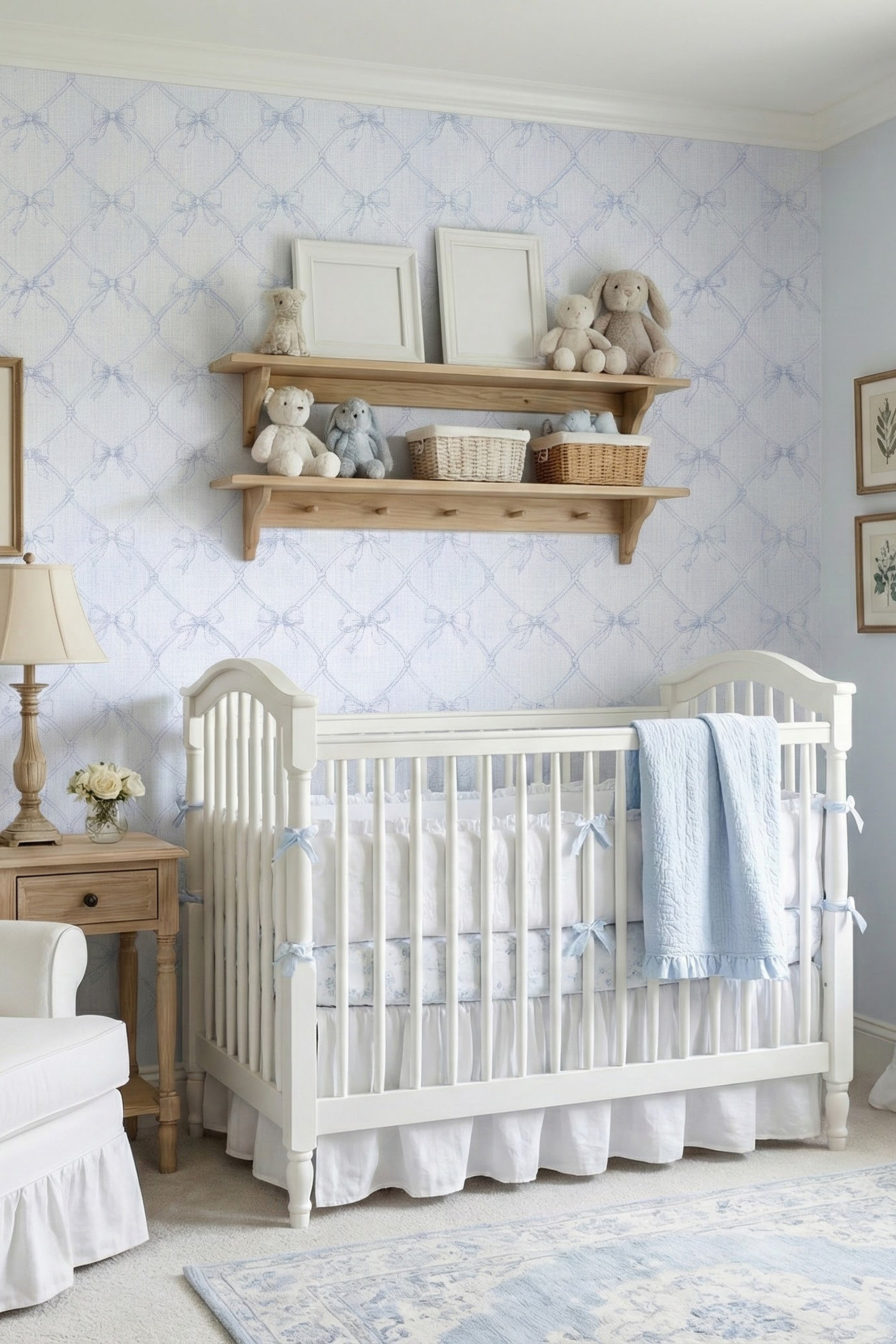Blue Ribbon wallpaper shown in a nursery