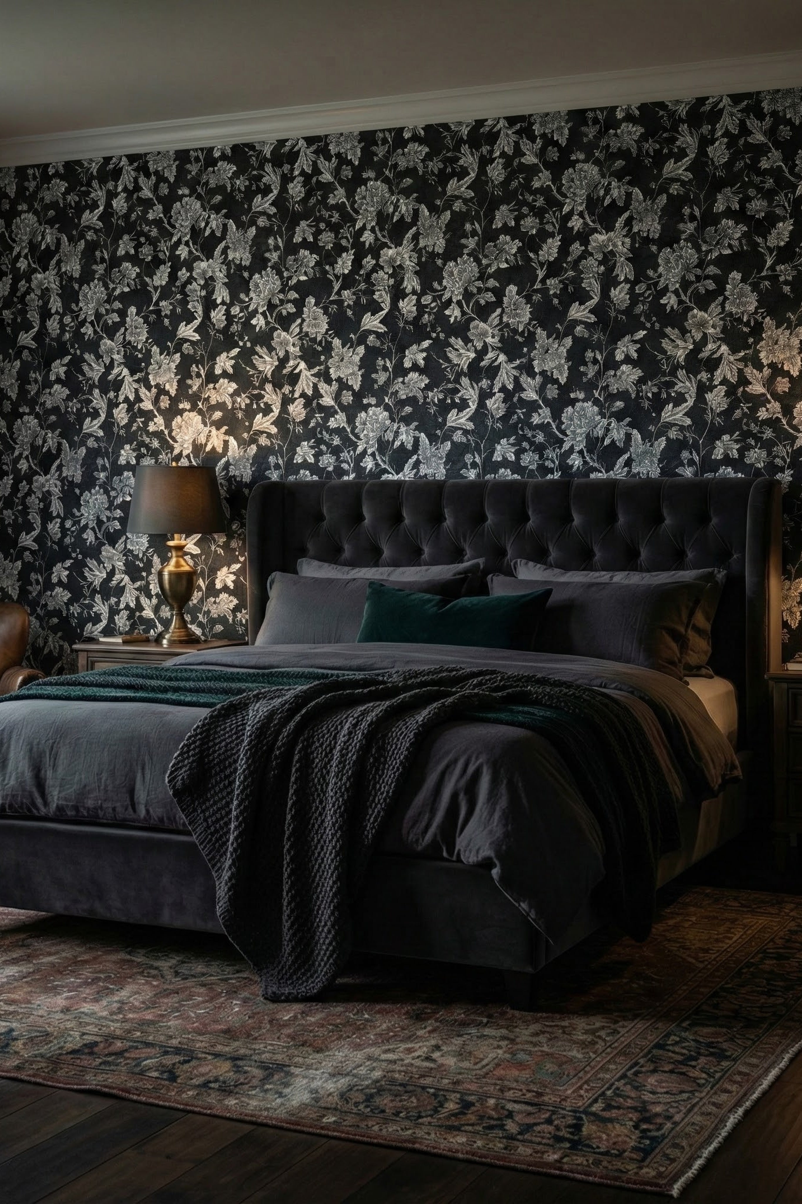 Noir Bouquet wallpaper shown in a bedroom