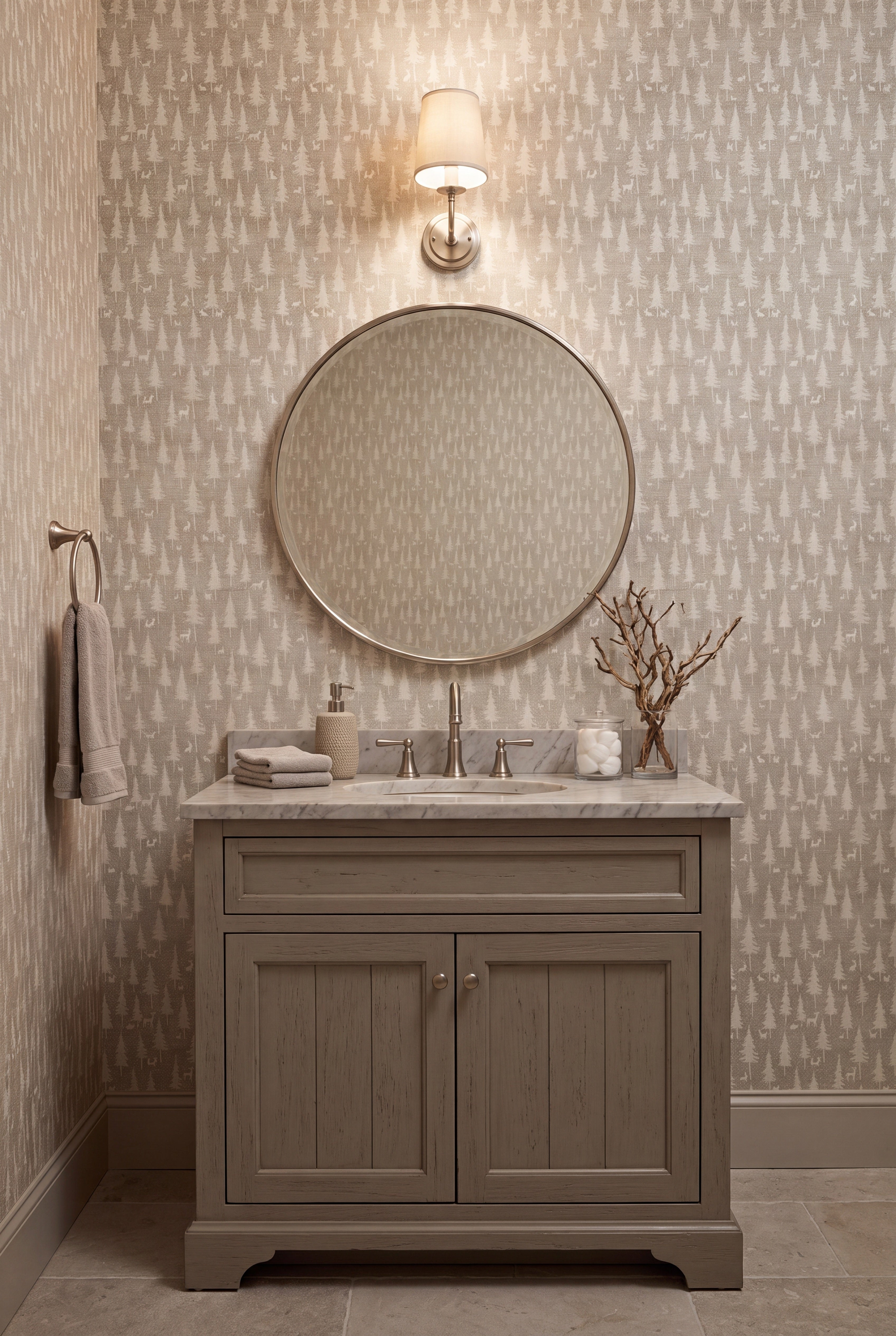 Quiet Woodland wallpaper shown in a powder room