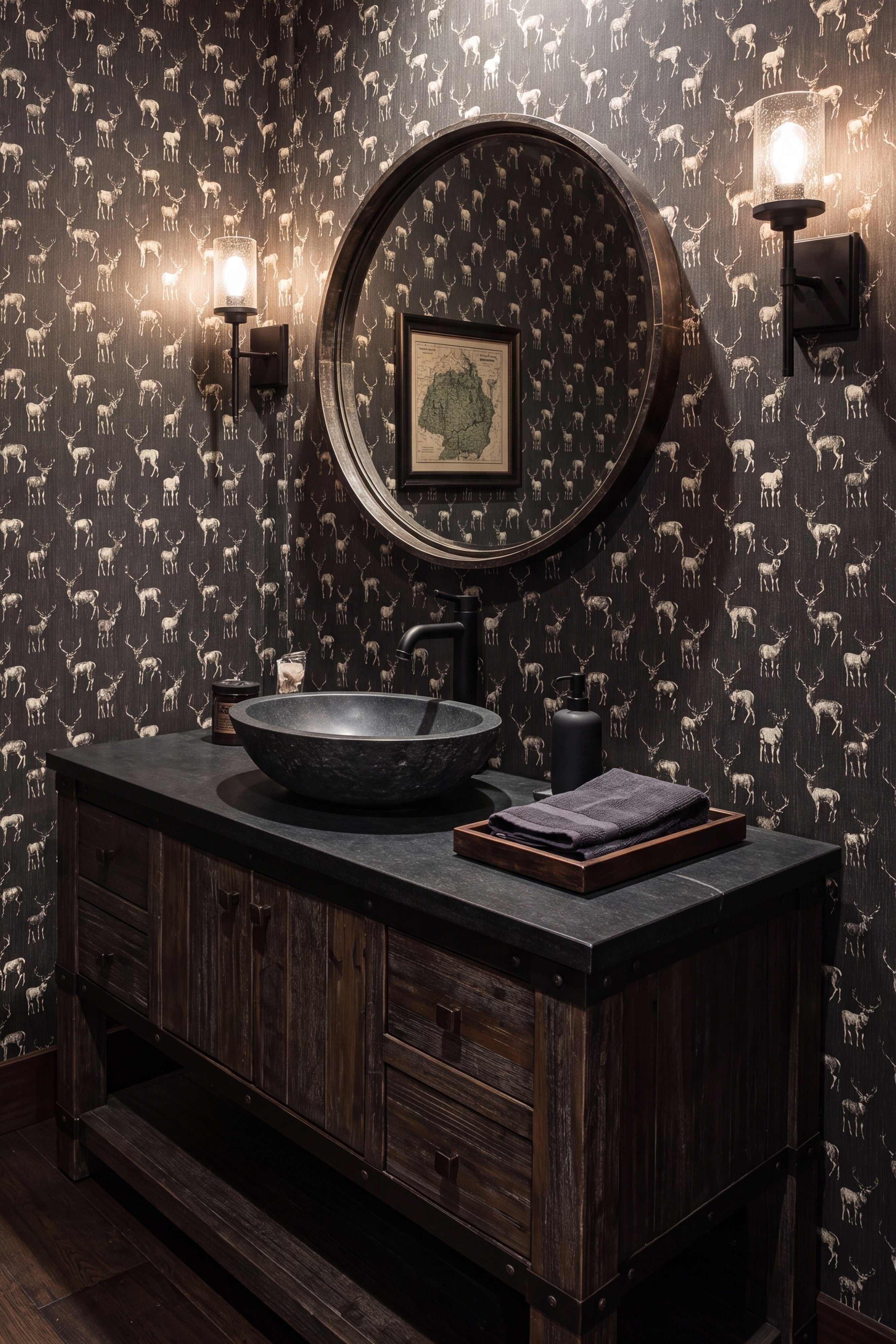 Shady Stag wallpaper shown in a powder room