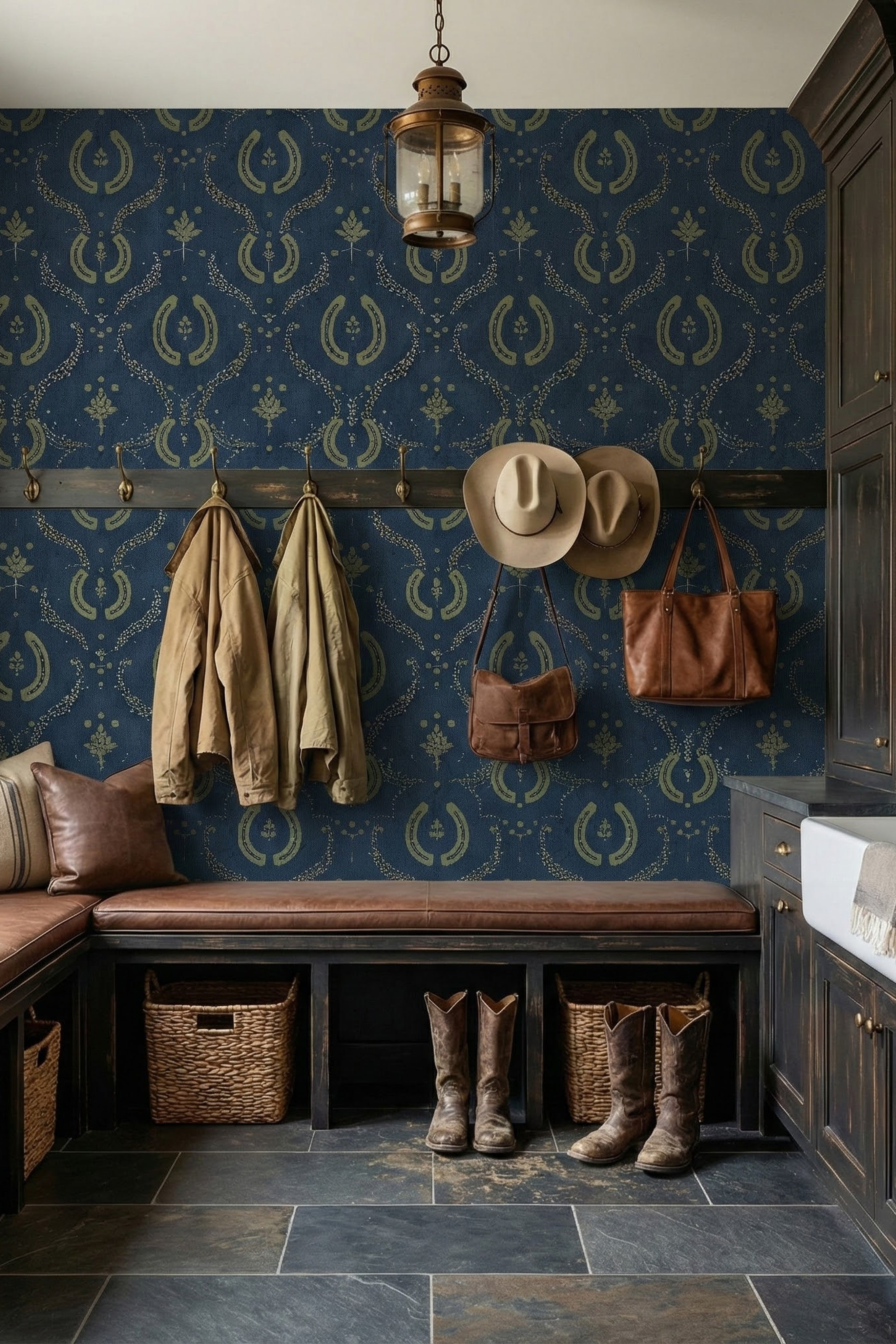 Ranch Hand wallpaper shown in a mudroom
