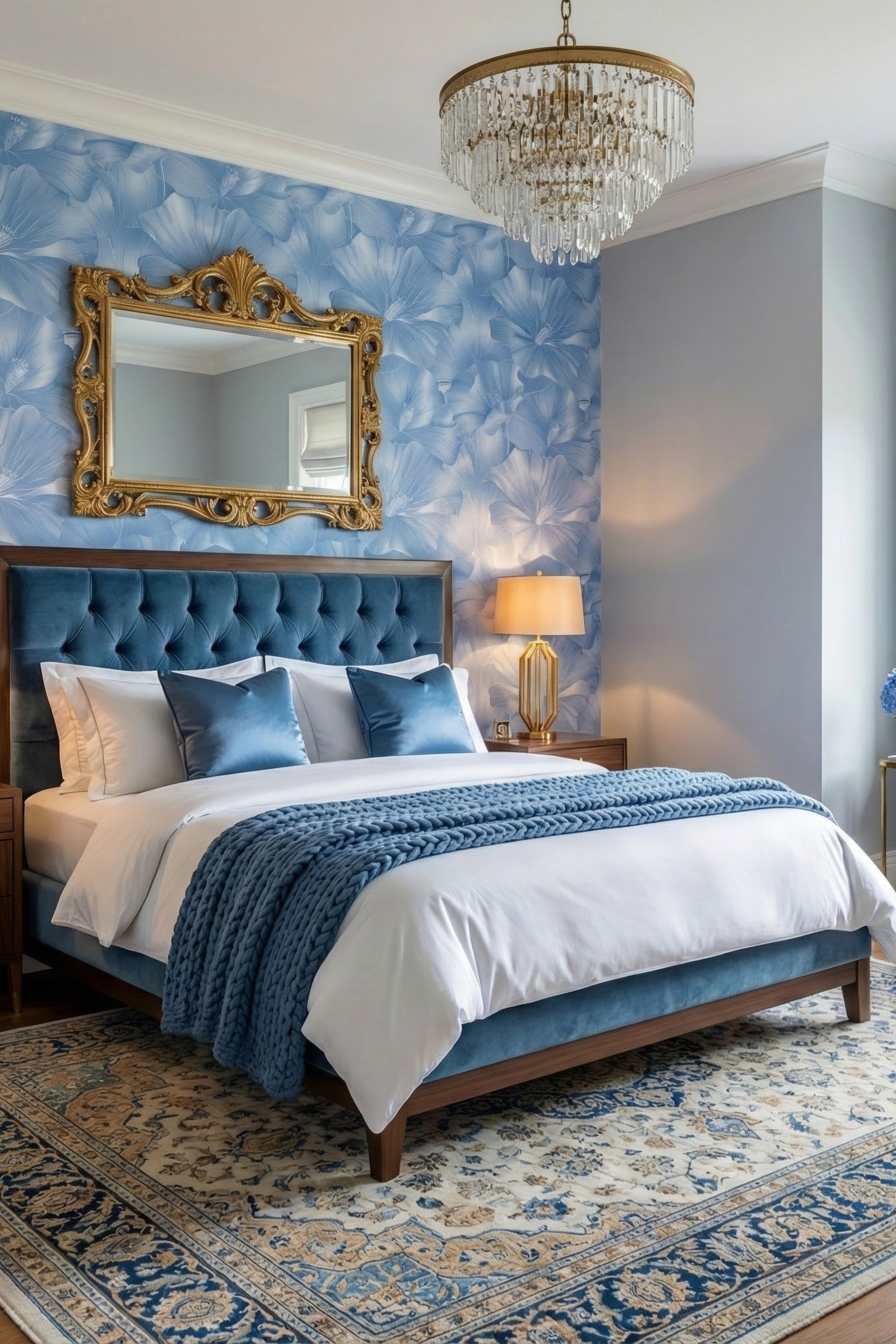 Bluebell Deco wallpaper shown in a bedroom