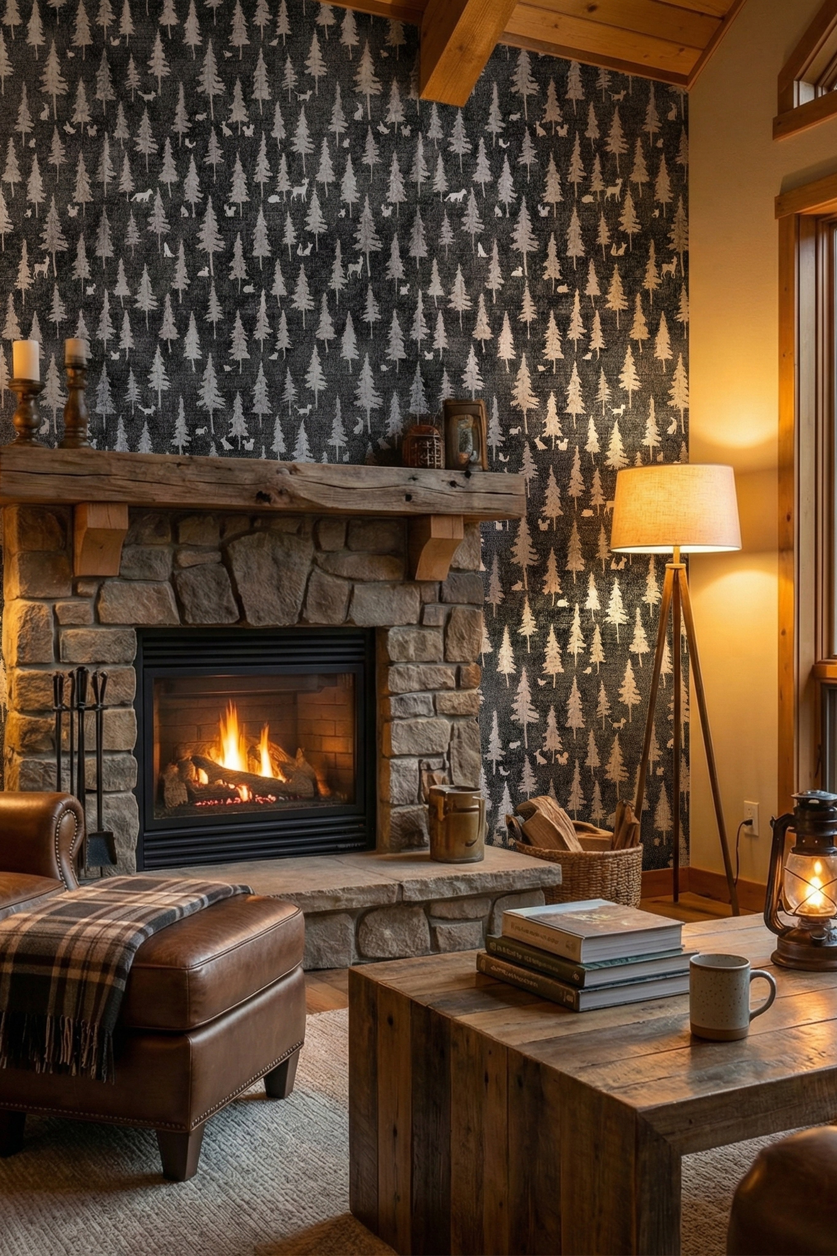 Night Woodland wallpaper shown in a living room