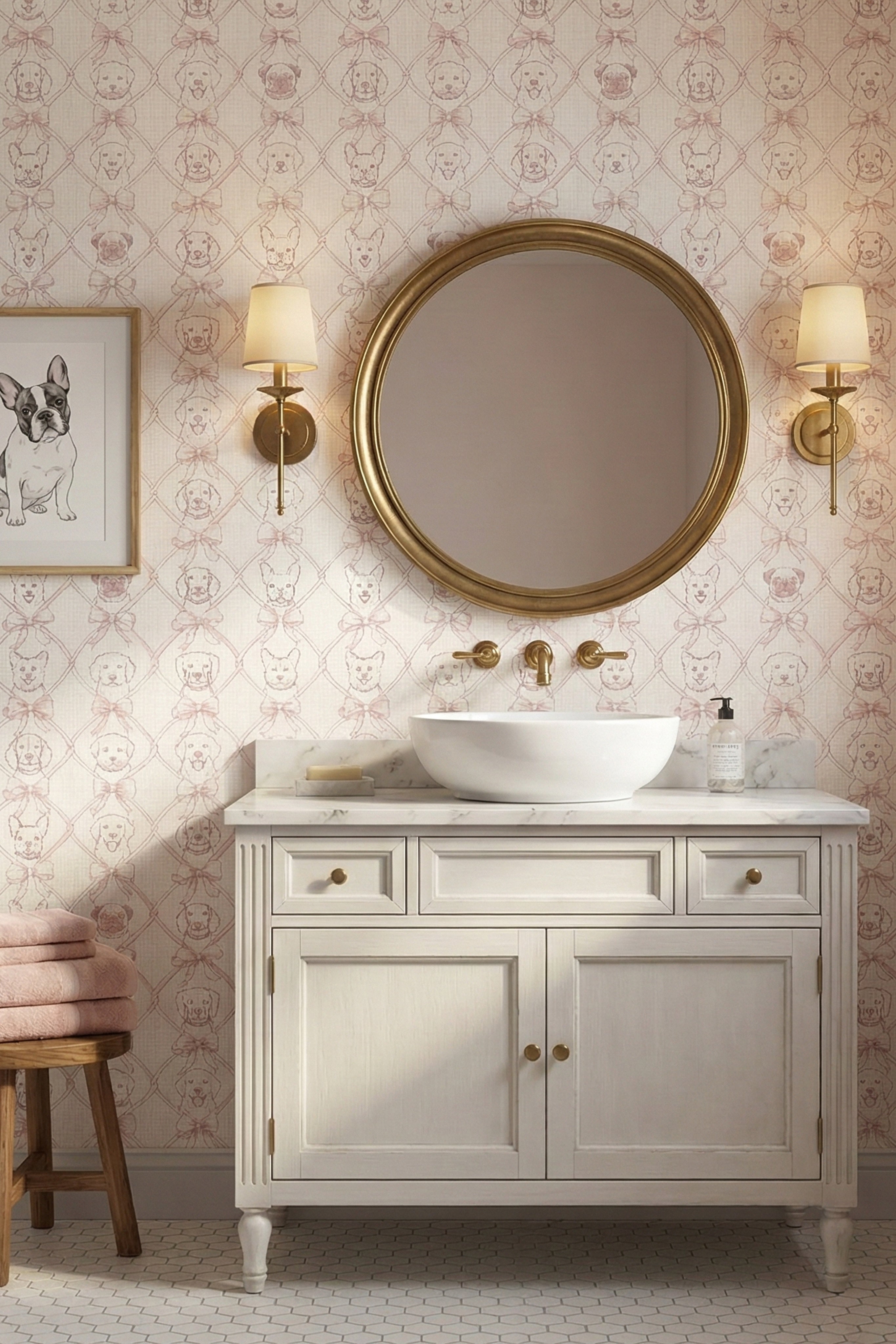 Puppy Bow wallpaper shown in a powder room