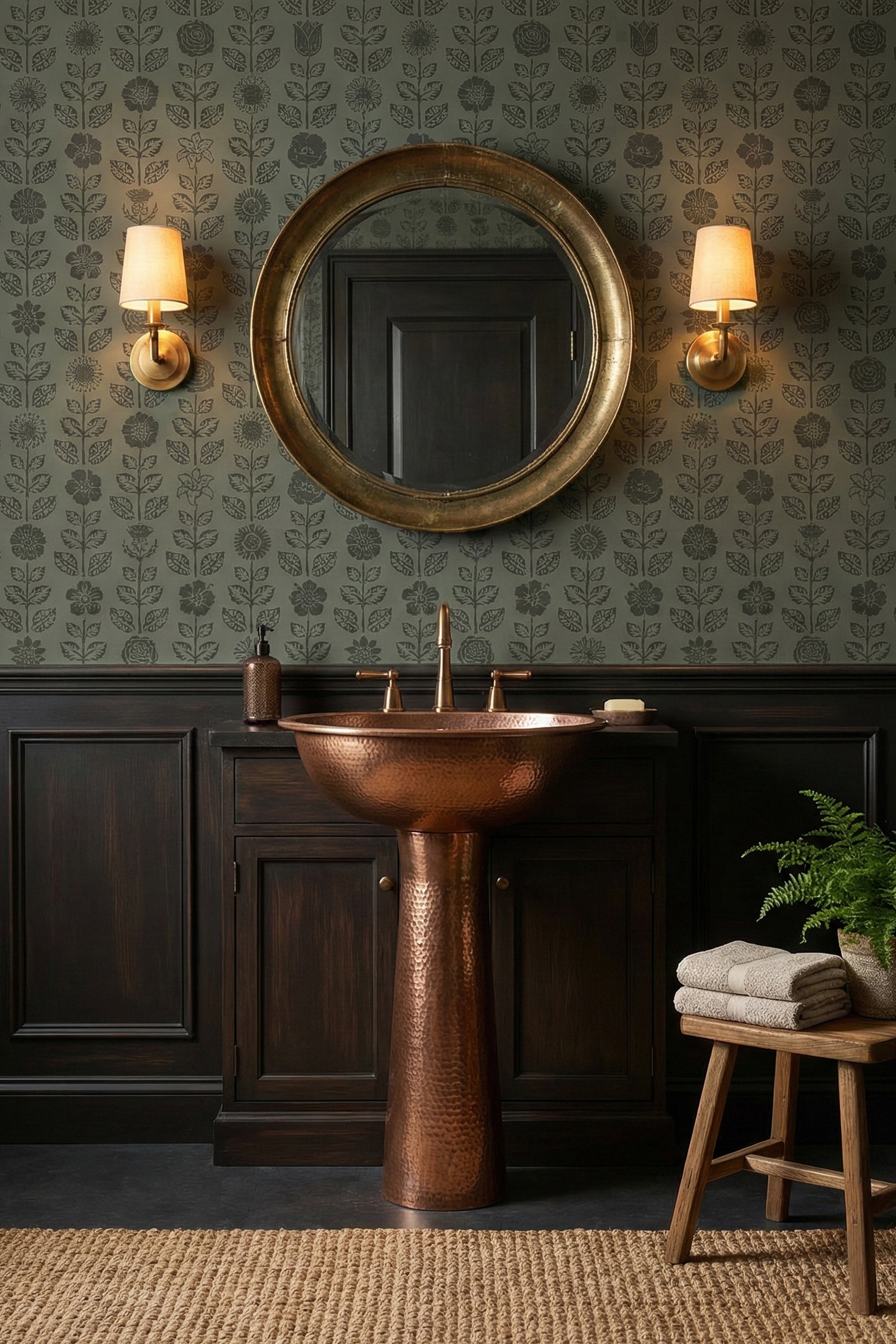Moody Folk wallpaper shown in a powder room