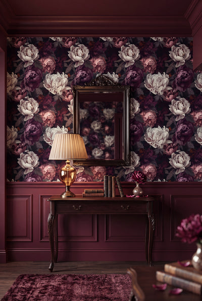 Raven Peony wallpaper shown in an entryway