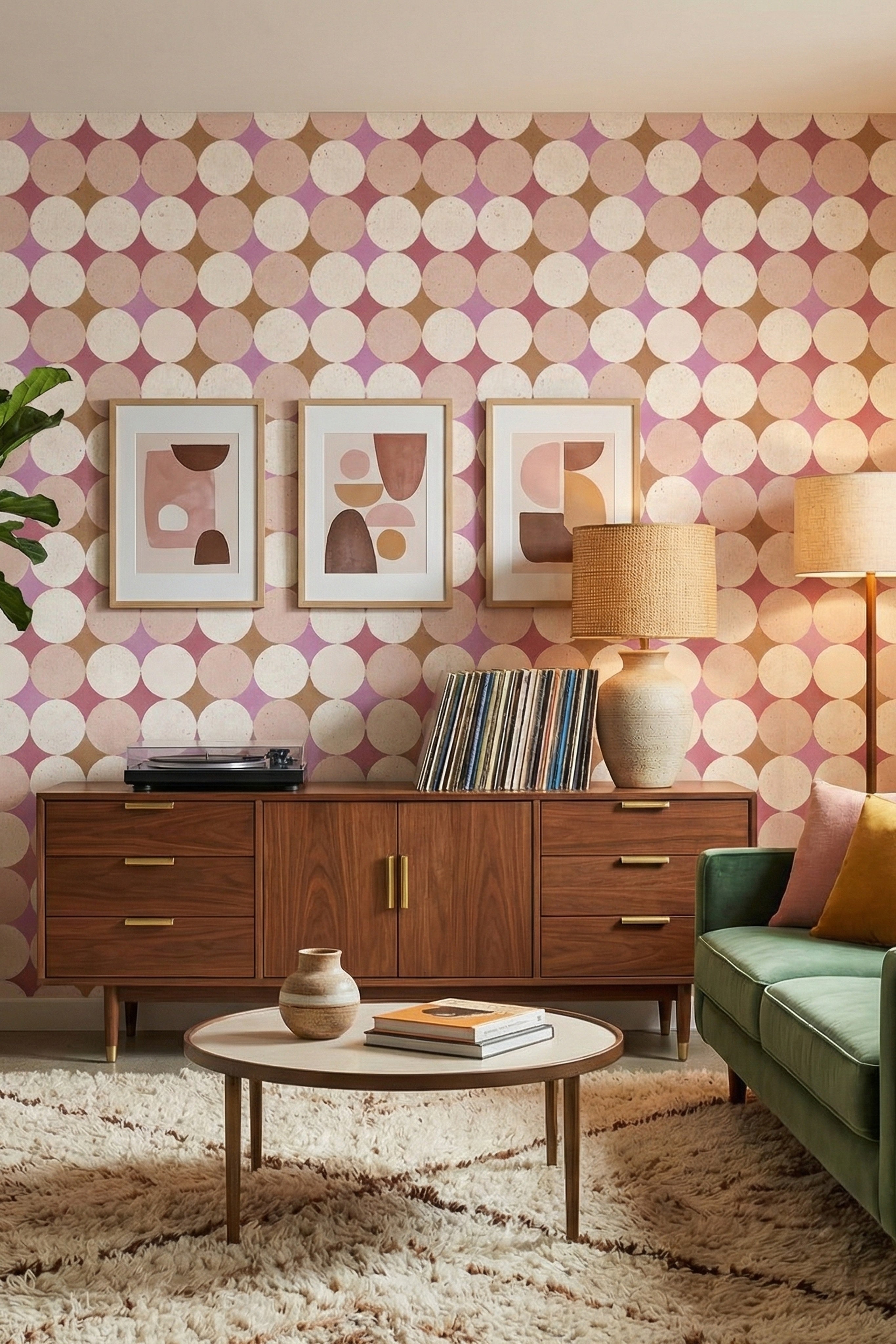 Pink Orbit wallpaper shown in a living room