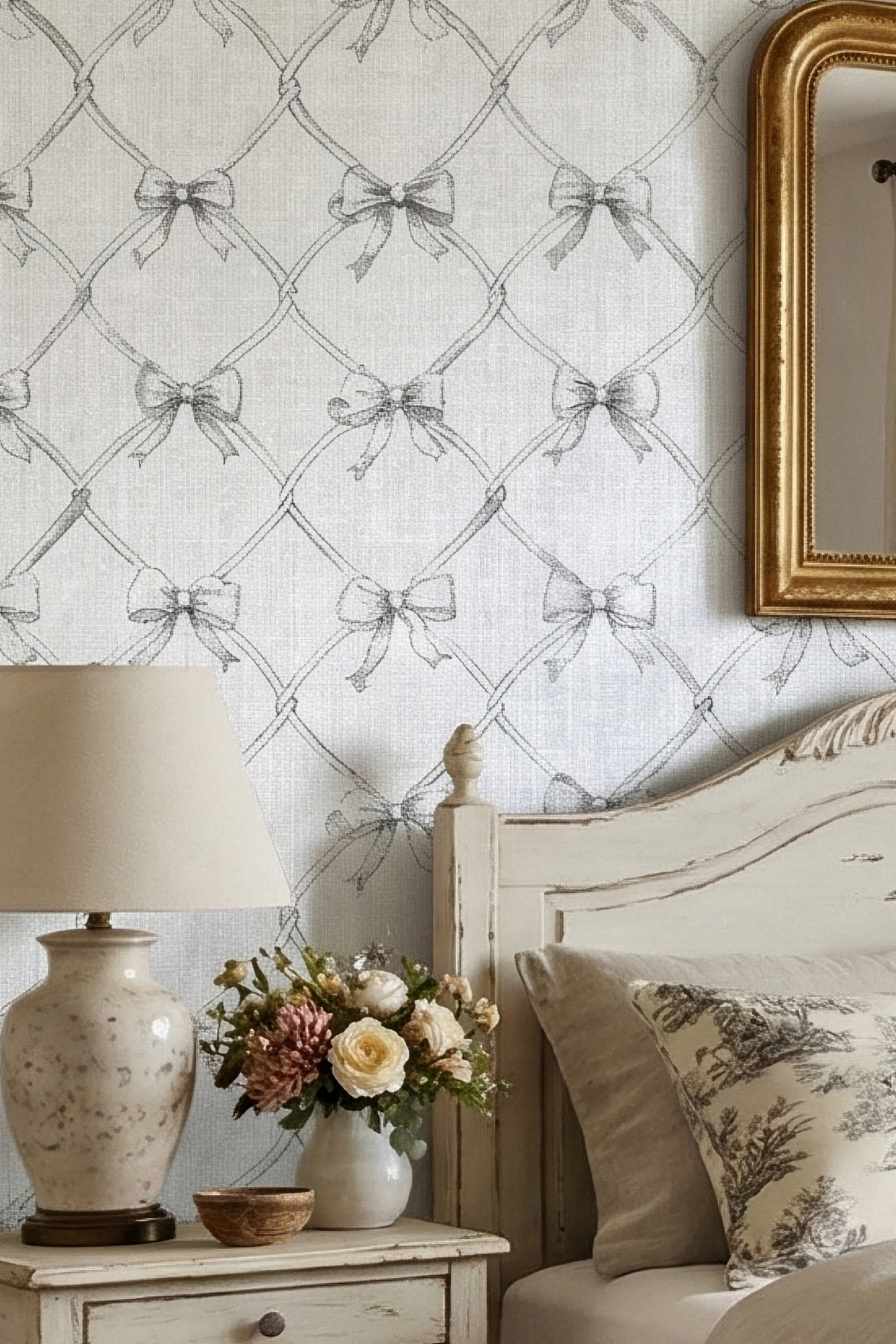 Tuxedo Bow wallpaper shown in a bedroom