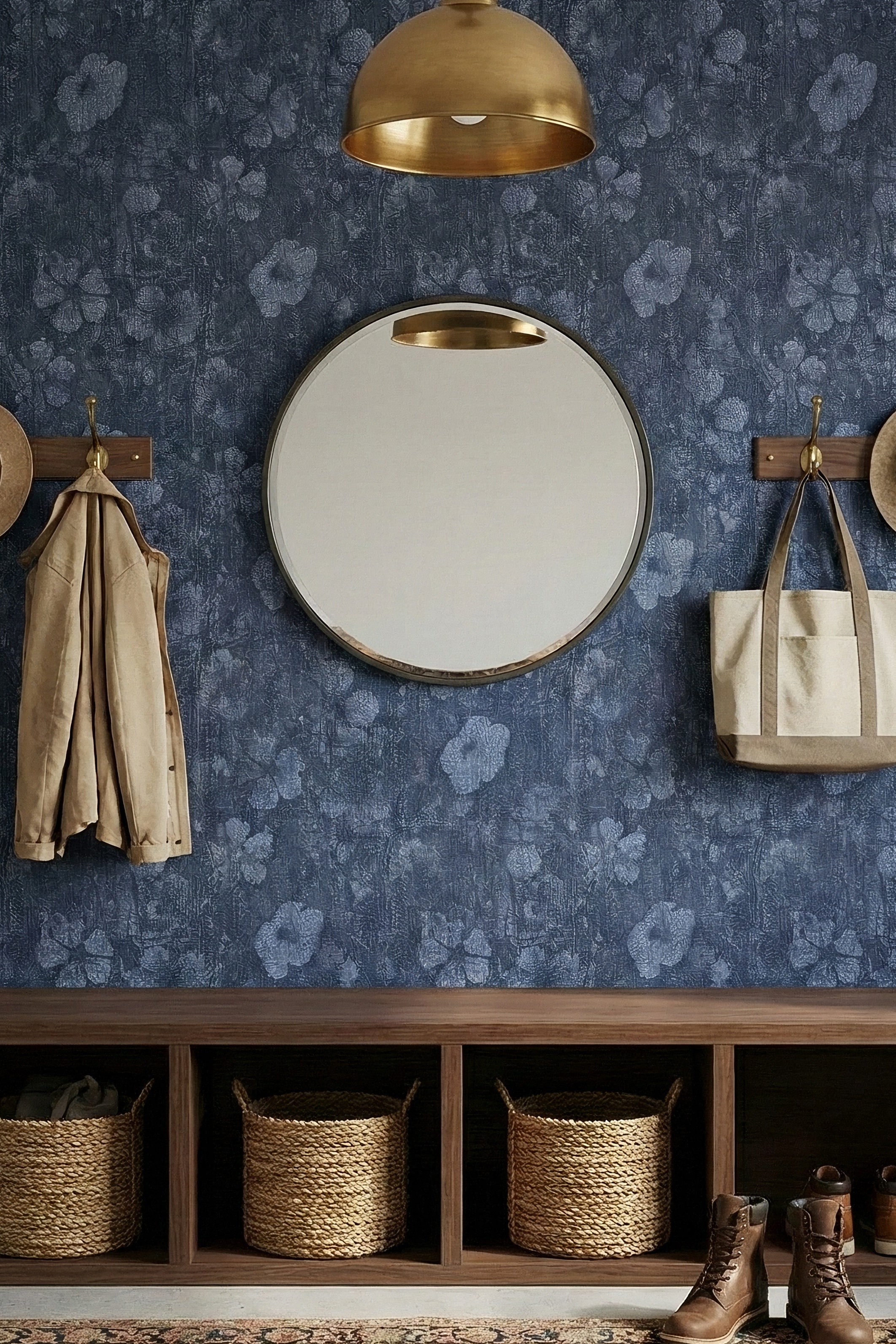 Denim Garden wallpaper shown in a mudroom