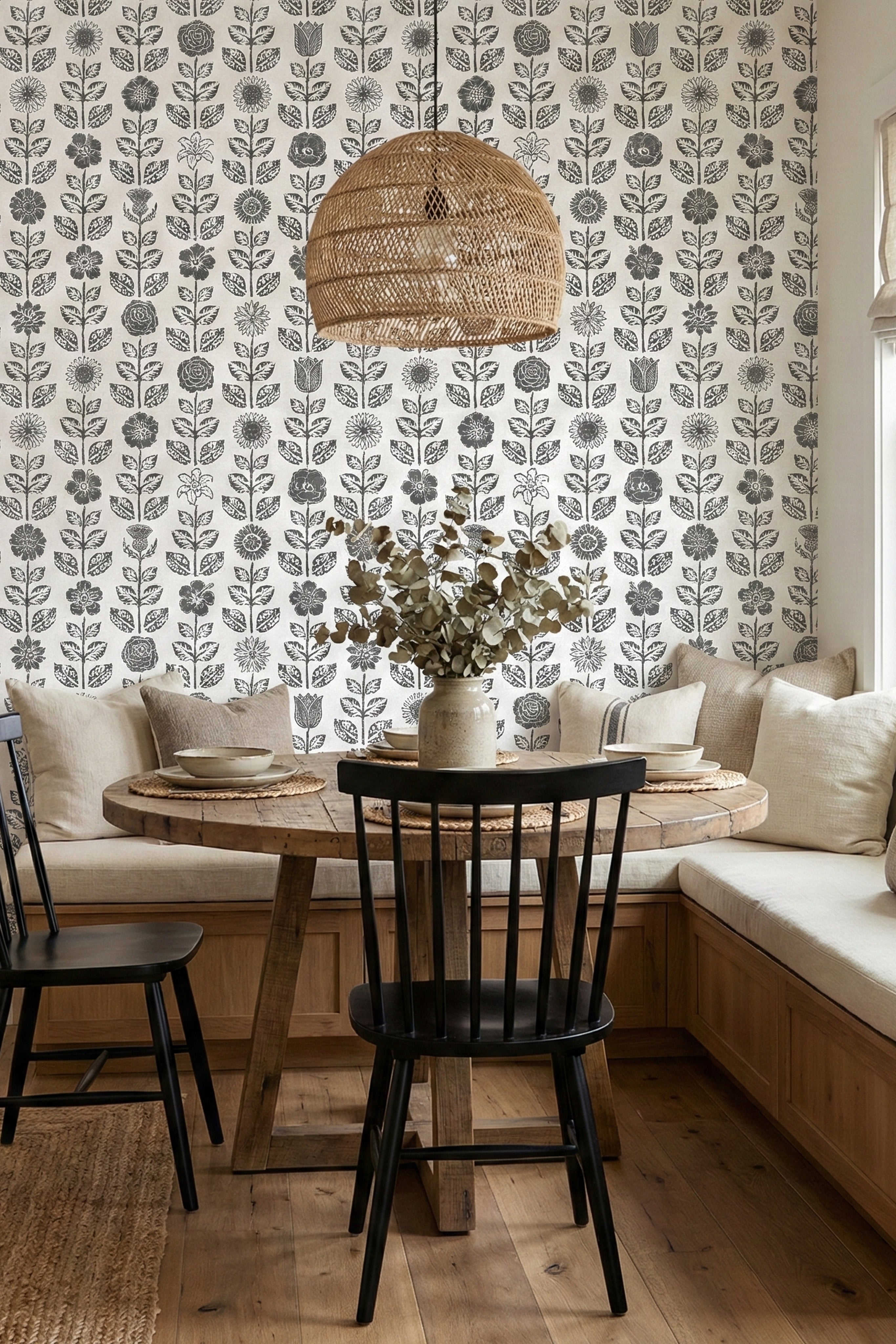 Ink Folk wallpaper shown in a cozy nook
