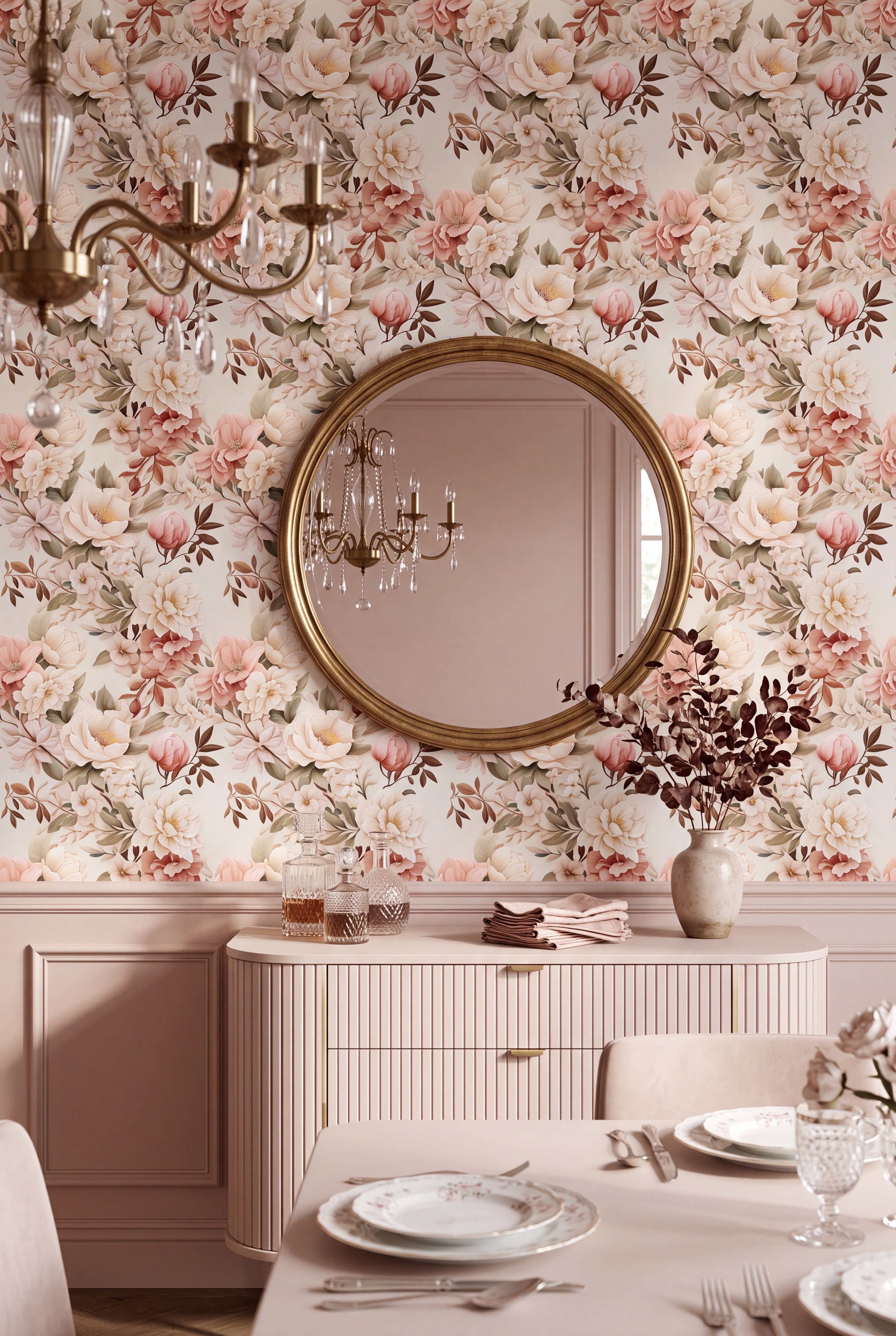 Antique Blush wallpaper shown in a dining room