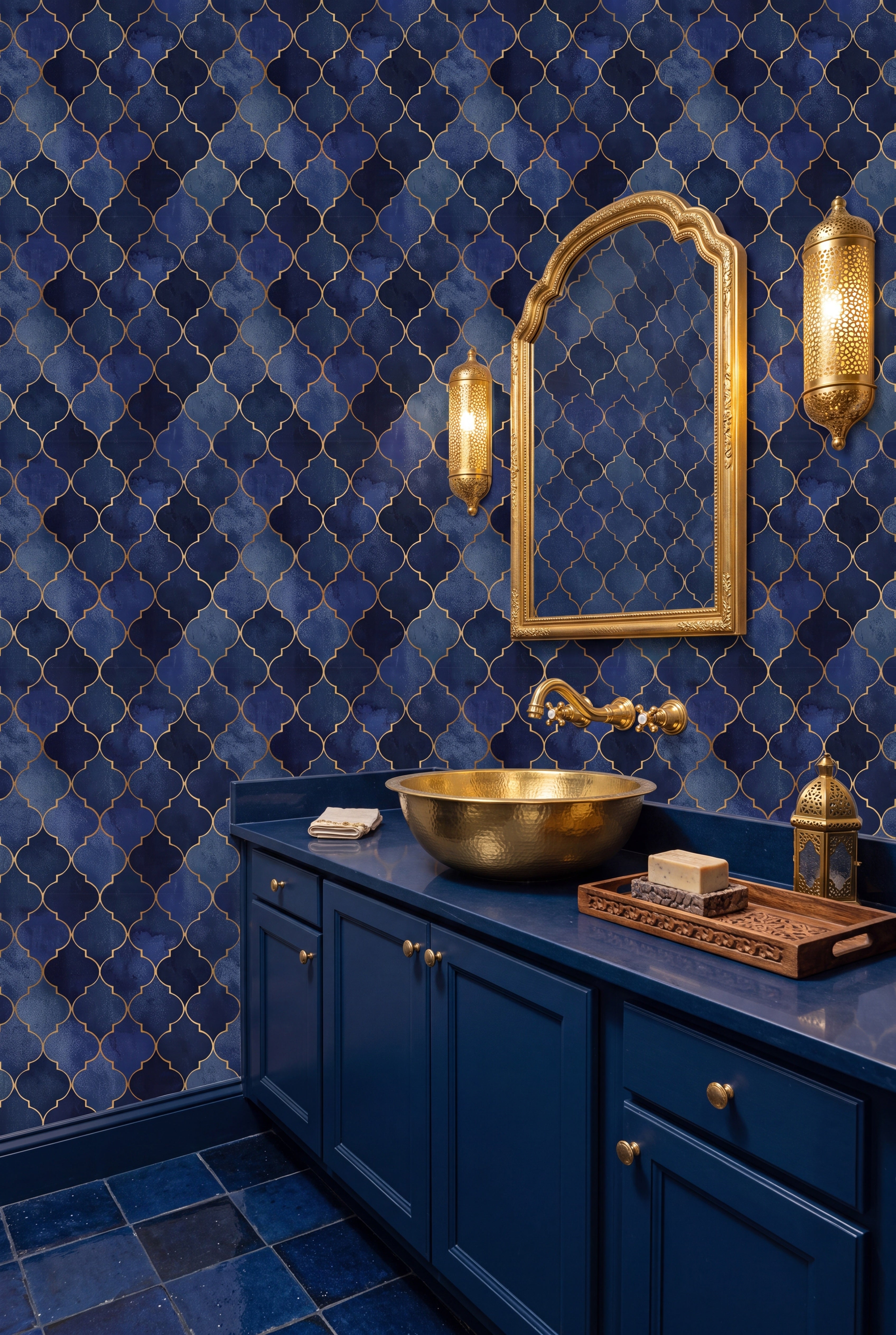 Admiral Trellis wallpaper shown in a powder room