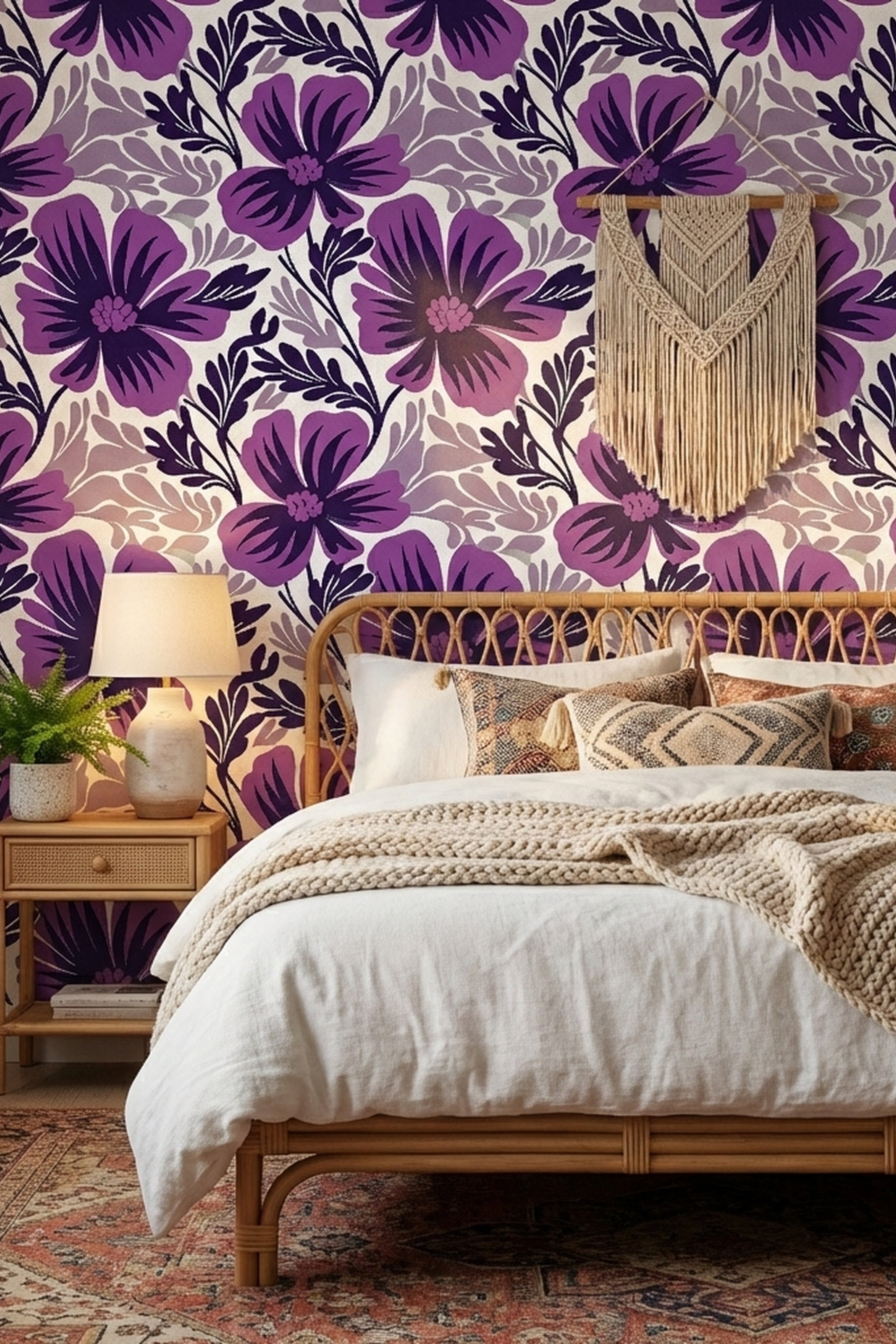 Purple Paradise wallpaper shown in a bedroom