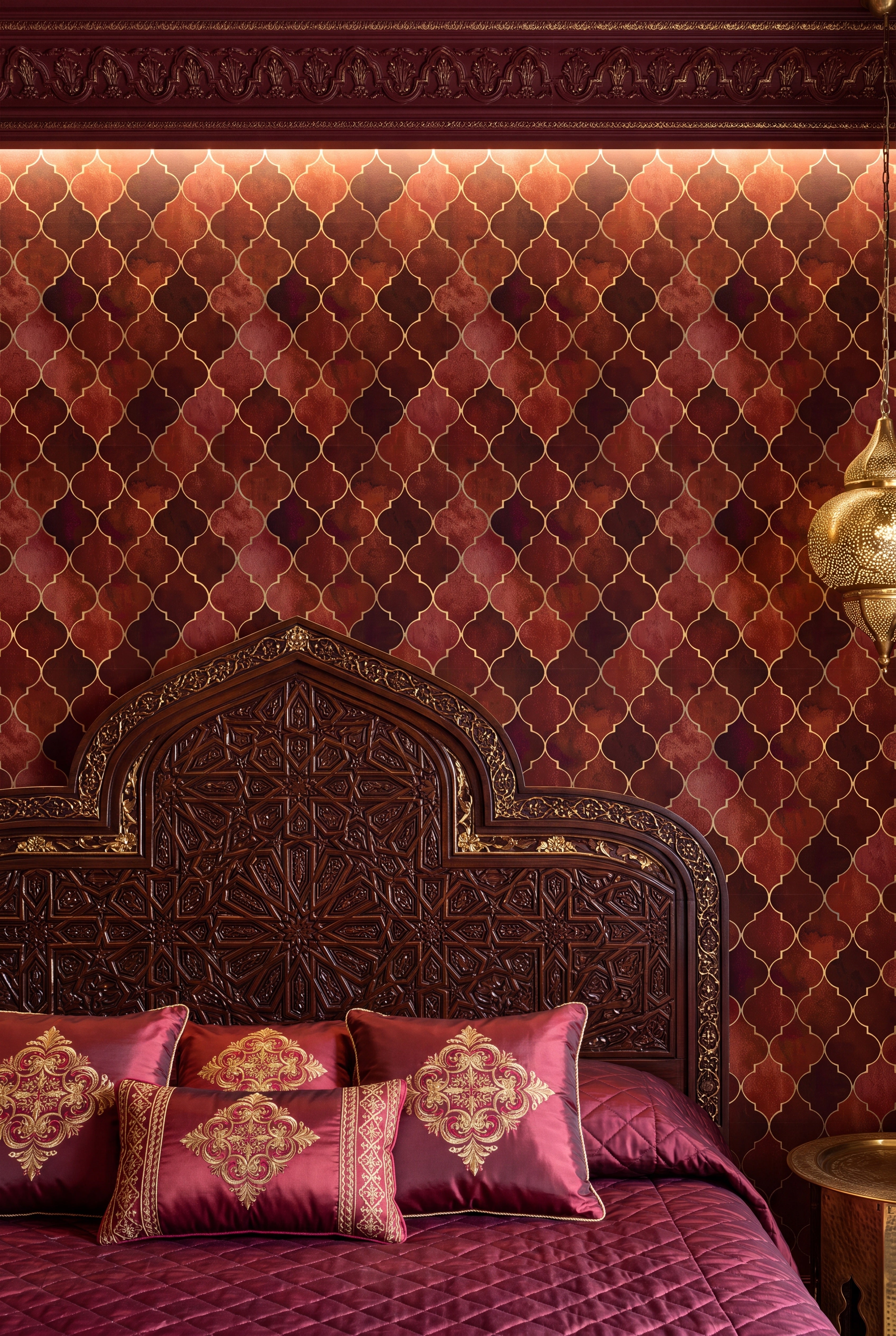 Ruby Trellis wallpaper shown in a bedroom