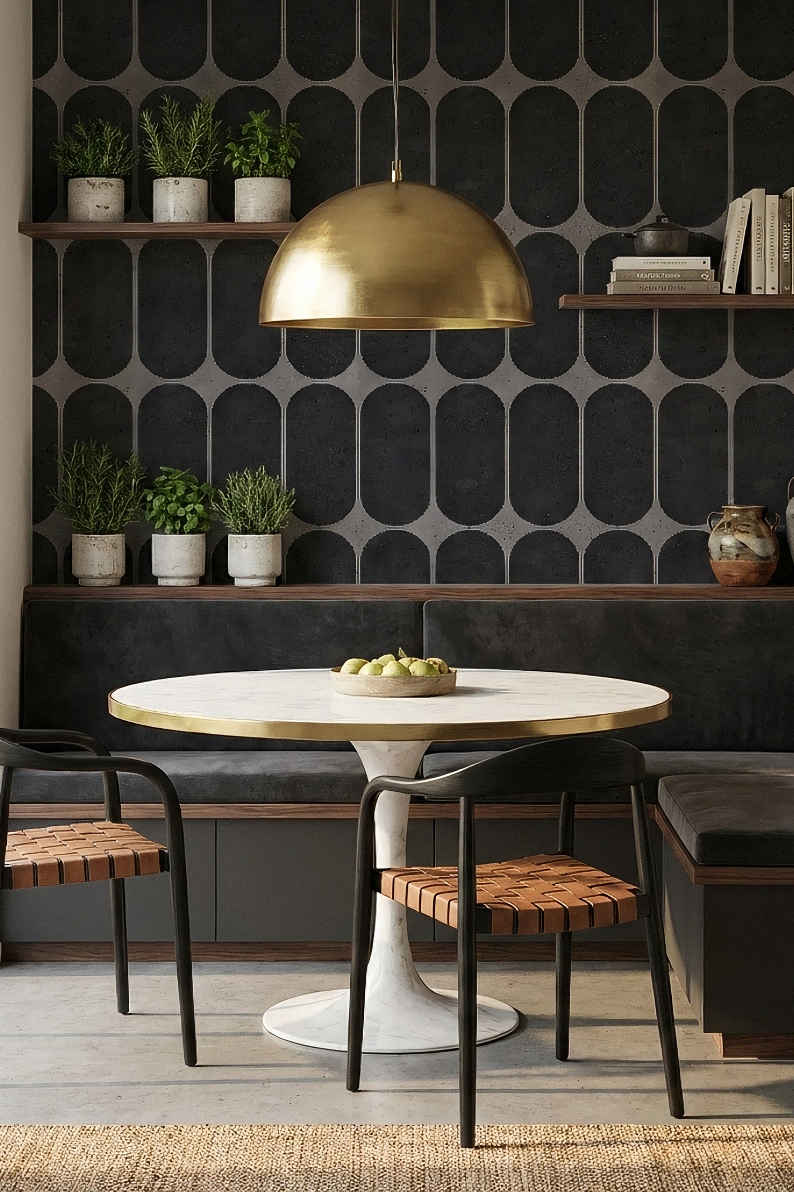 Brutalist wallpaper shown in a cozy nook